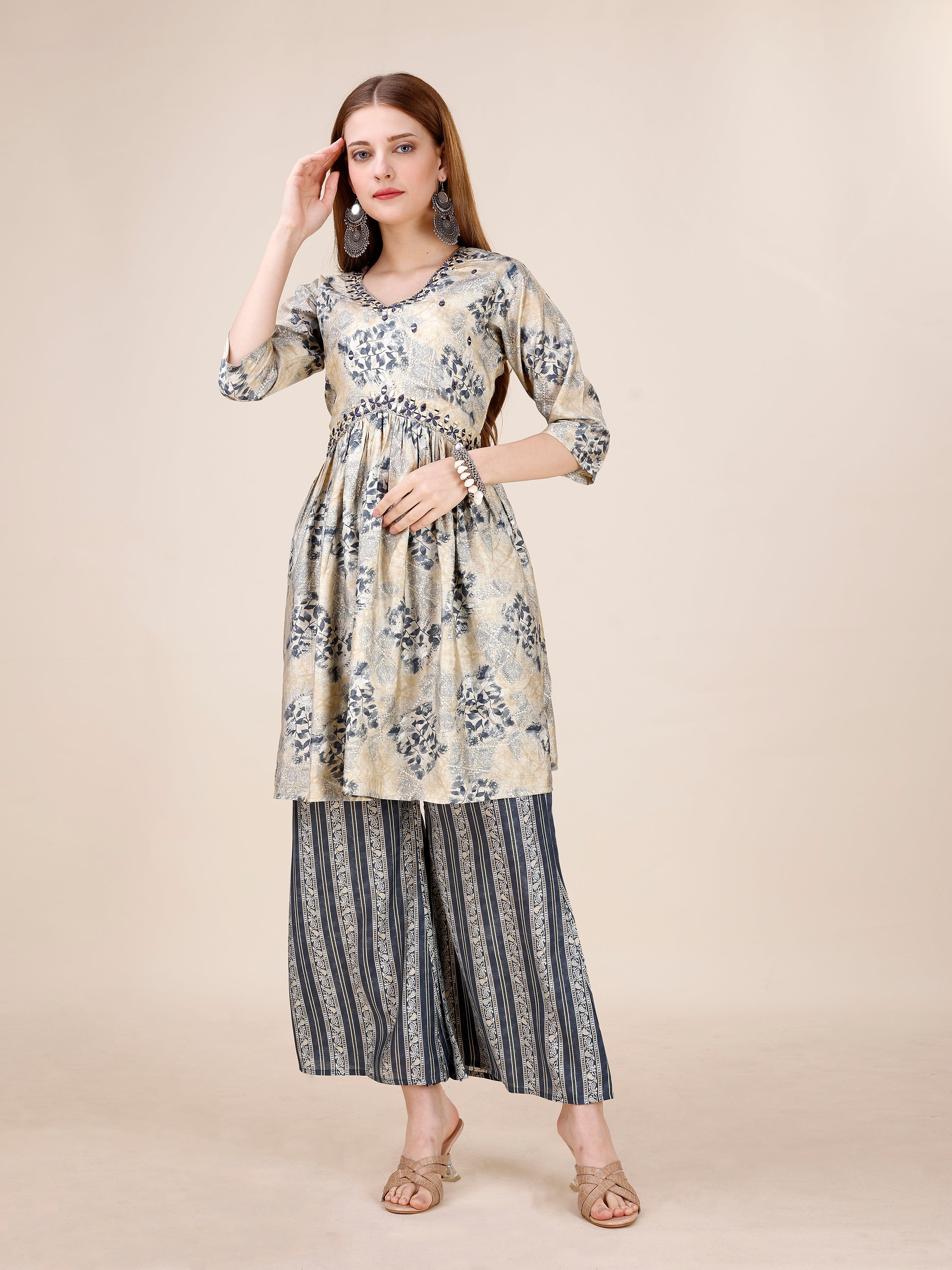 Alia Style Floral Printed Co-ord Set With Bell Bottom Pant - Cool Grey