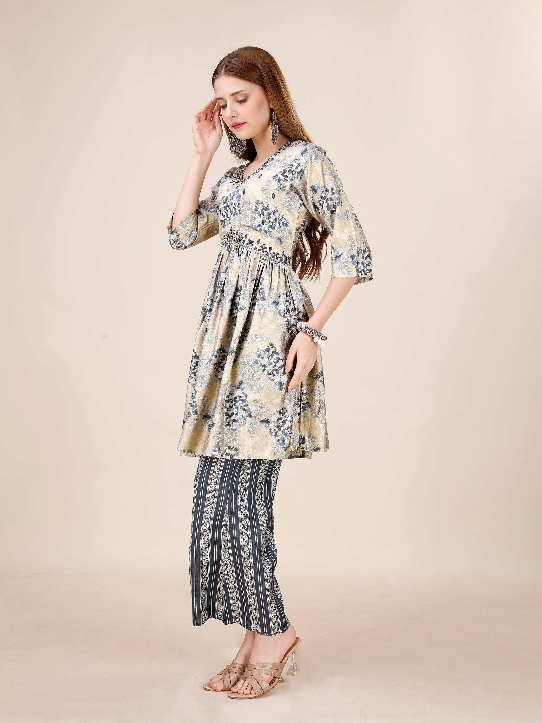 Alia Style Floral Printed Co-ord Set With Bell Bottom Pant - Cool Grey