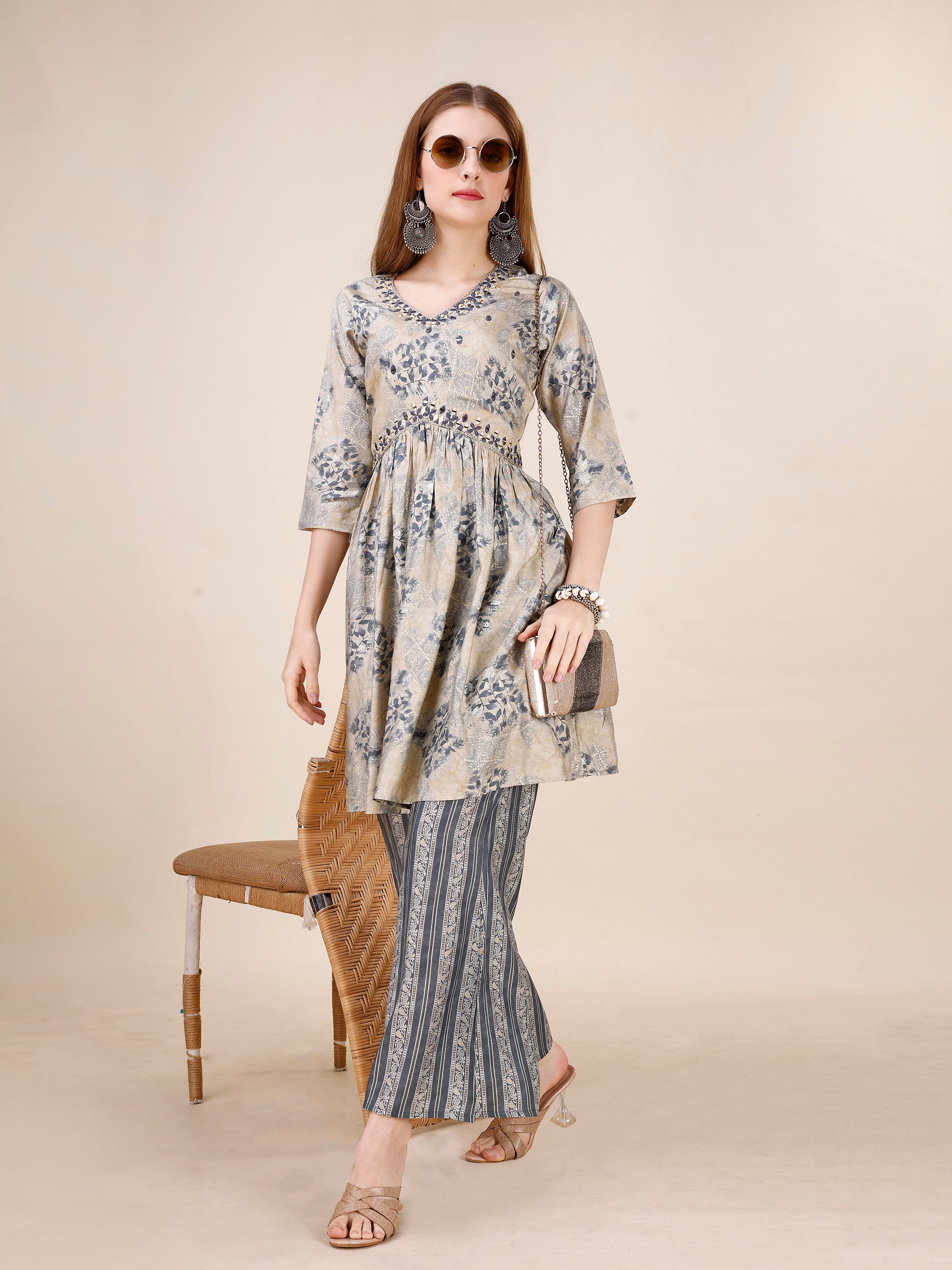 Alia Style Floral Printed Co-ord Set With Bell Bottom Pant - Cool Grey