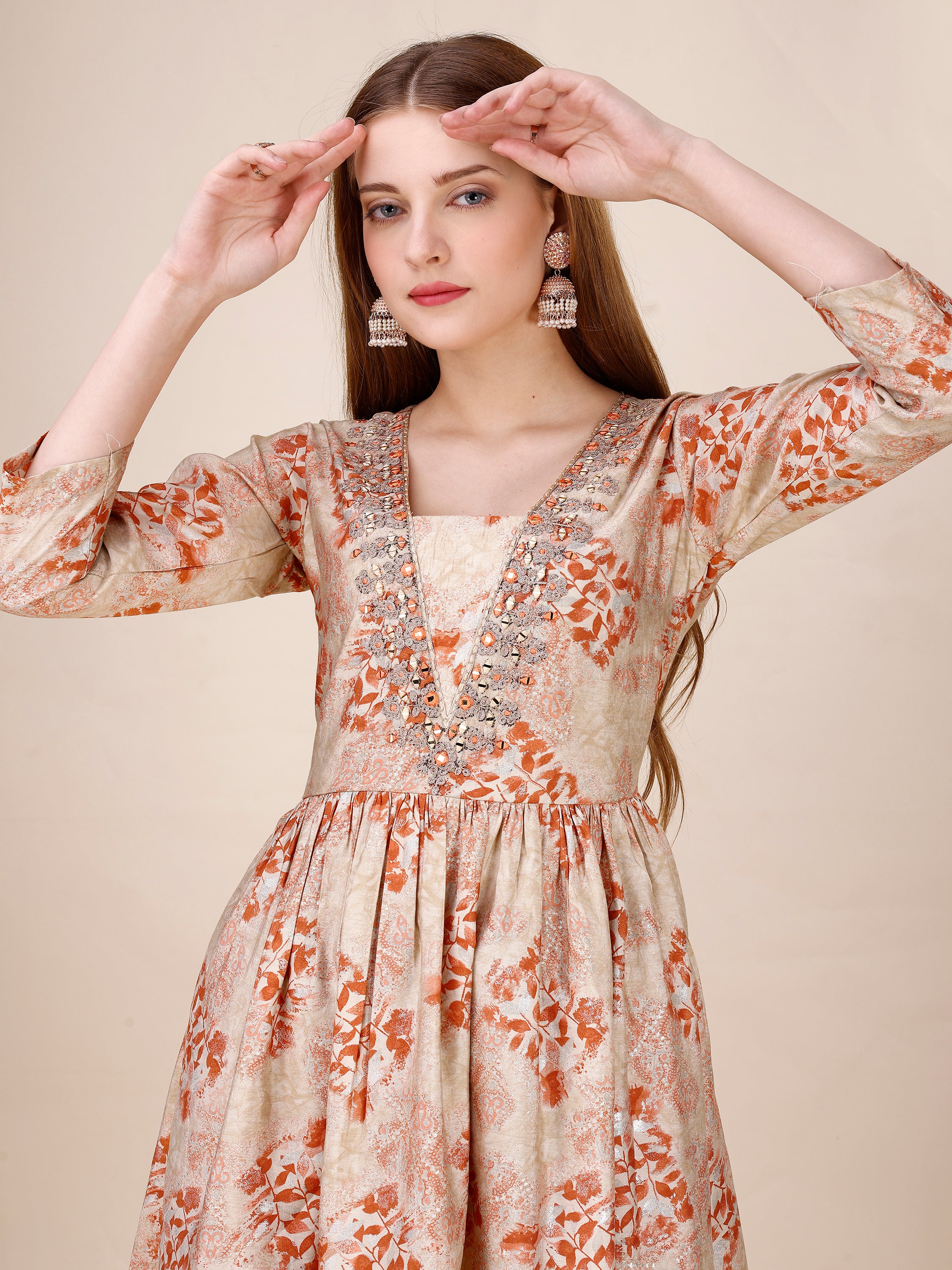 V-Neck Floral Printed Co-ord Set With Bell Bottom Pant, Mirror And Dori Embroidered - Rust Orange