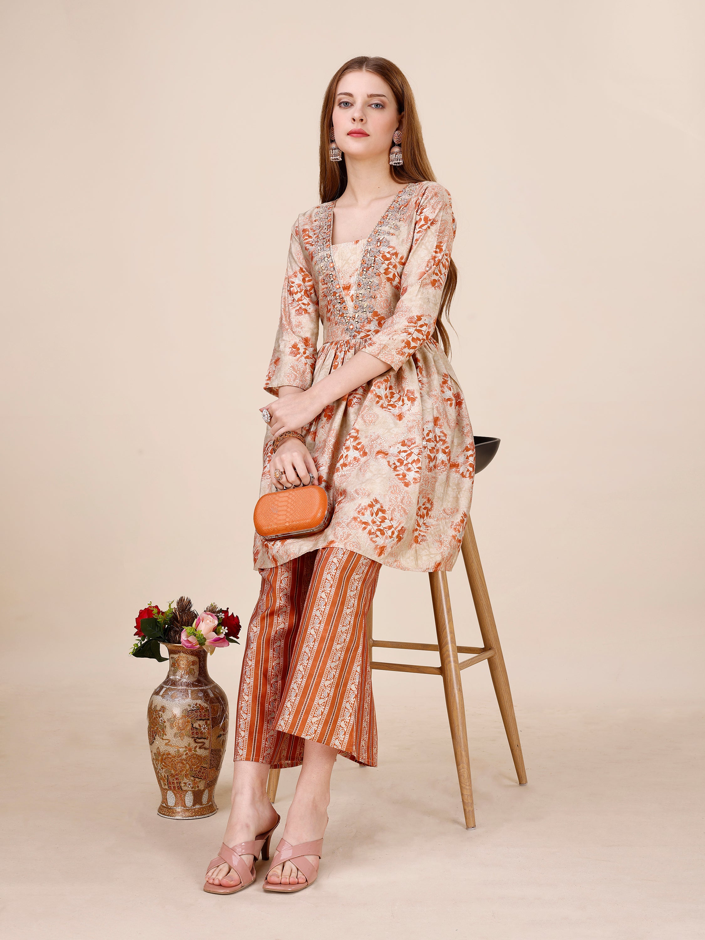 V-Neck Floral Printed Co-ord Set With Bell Bottom Pant, Mirror And Dori Embroidered - Rust Orange