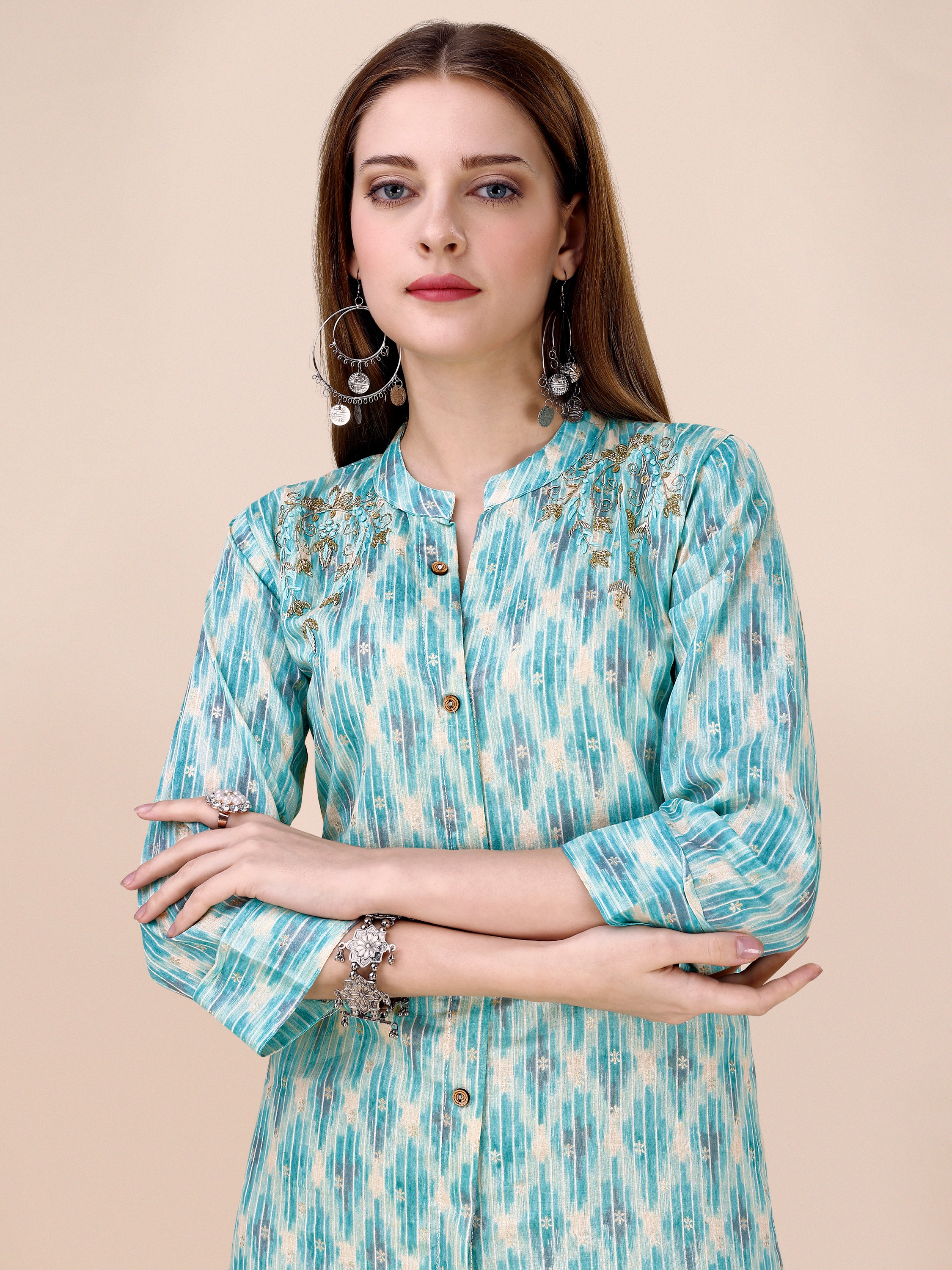 Cotton Geometric Printed Light Blue Co-ord Set Embellished with Resham And Cut-dana Hand Work