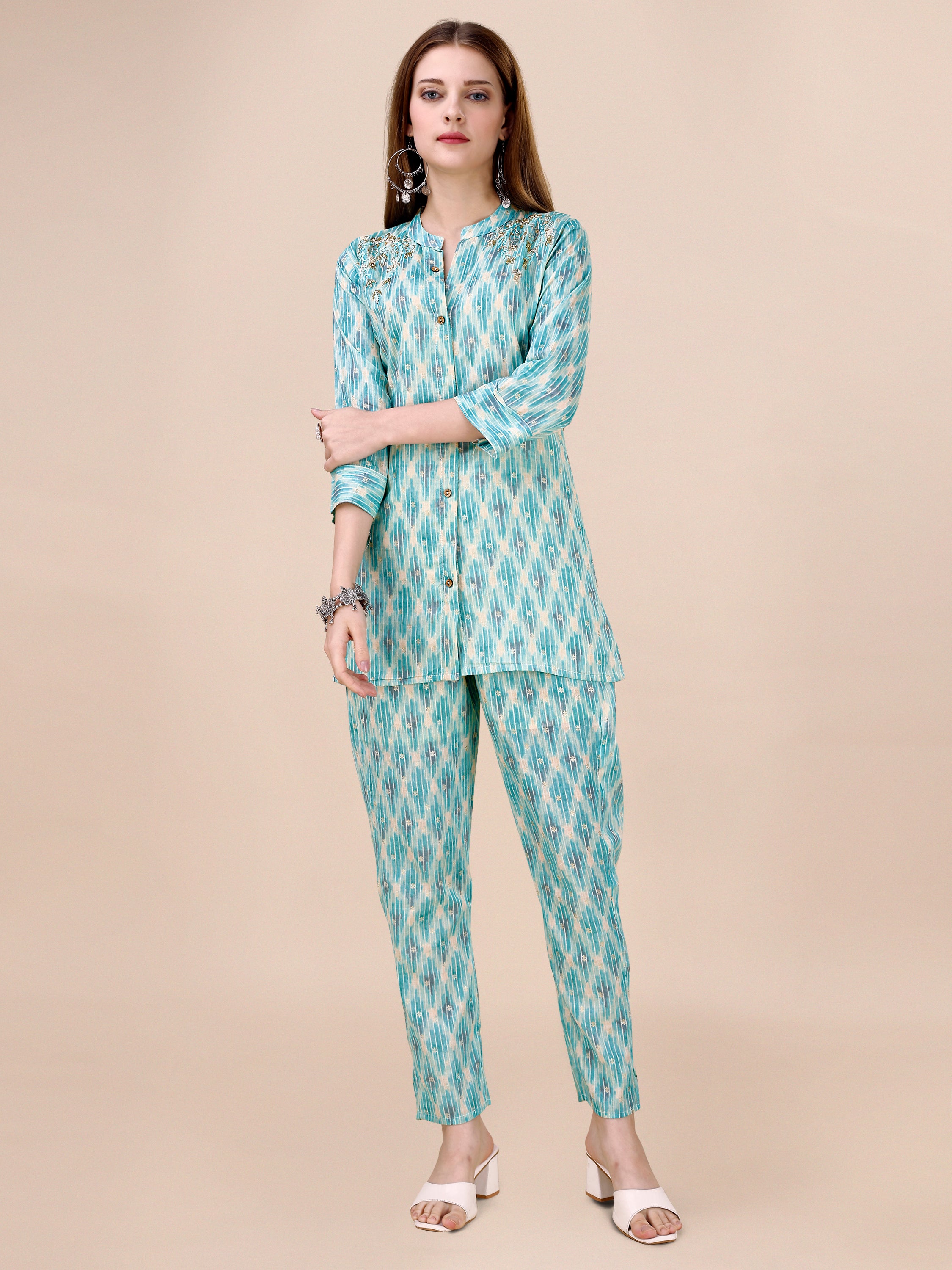 Cotton Geometric Printed Light Blue Co-ord Set Embellished with Resham And Cut-dana Hand Work