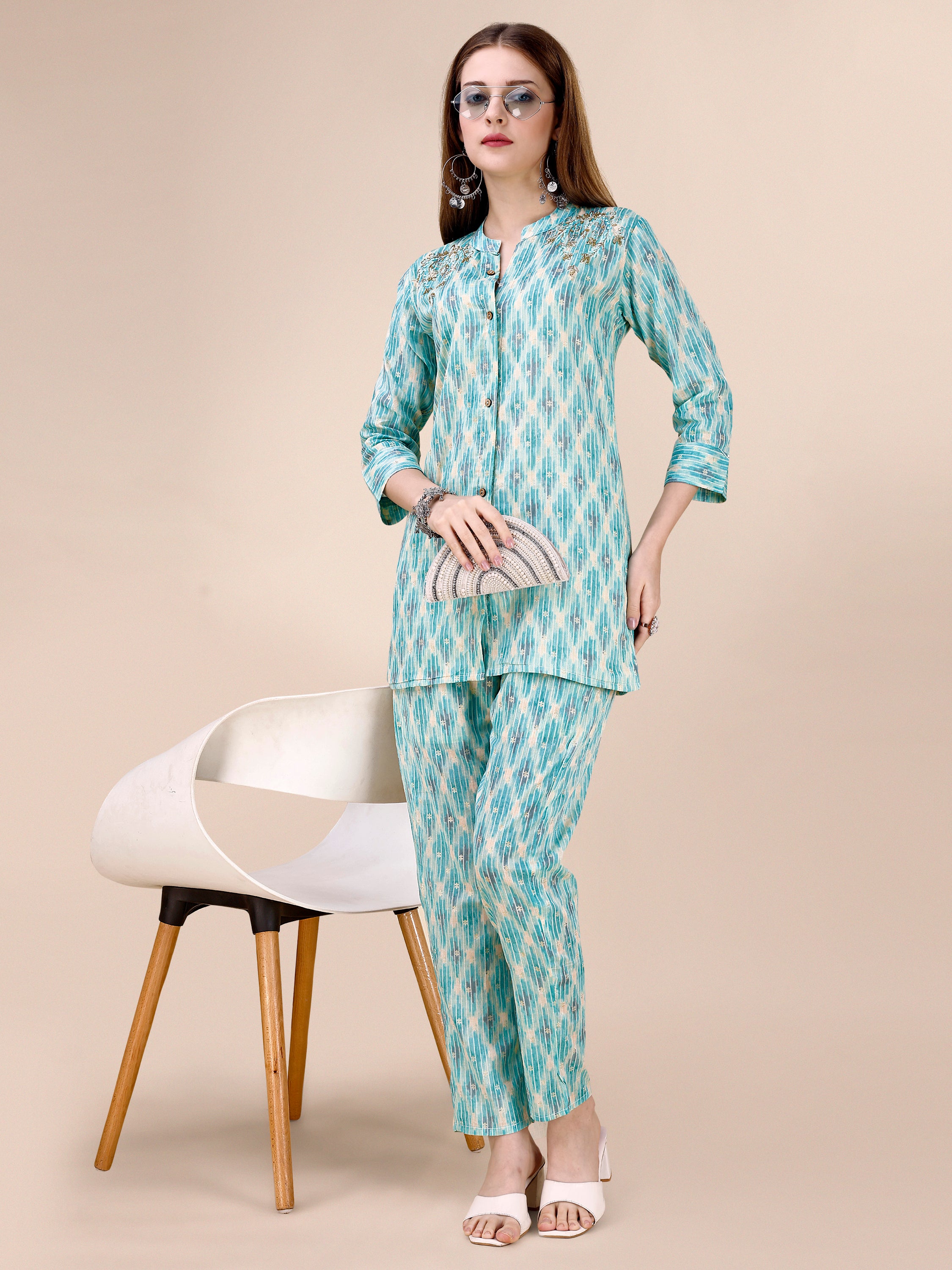 Cotton Geometric Printed Light Blue Co-ord Set Embellished with Resham And Cut-dana Hand Work