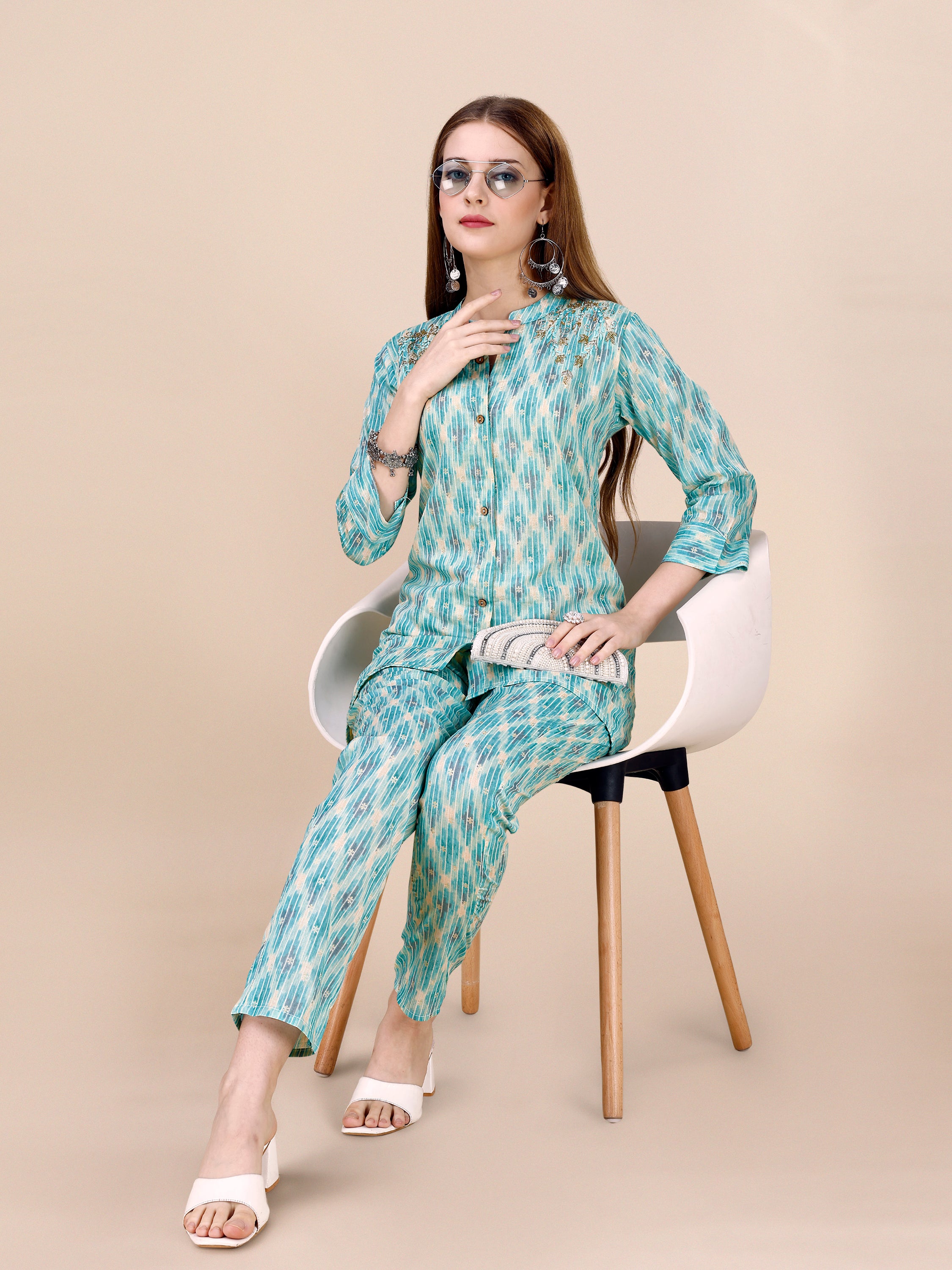 Cotton Geometric Printed Light Blue Co-ord Set Embellished with Resham And Cut-dana Hand Work