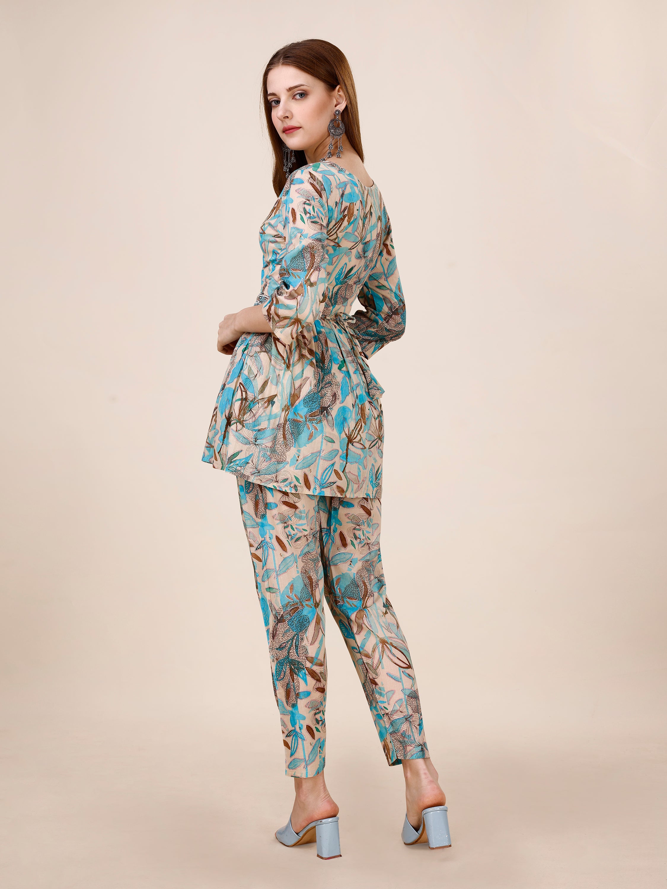 Cotton Beige-Blue Floral Printed Co-ord Set With Pearl Hand Embroidered Belt And Neckline