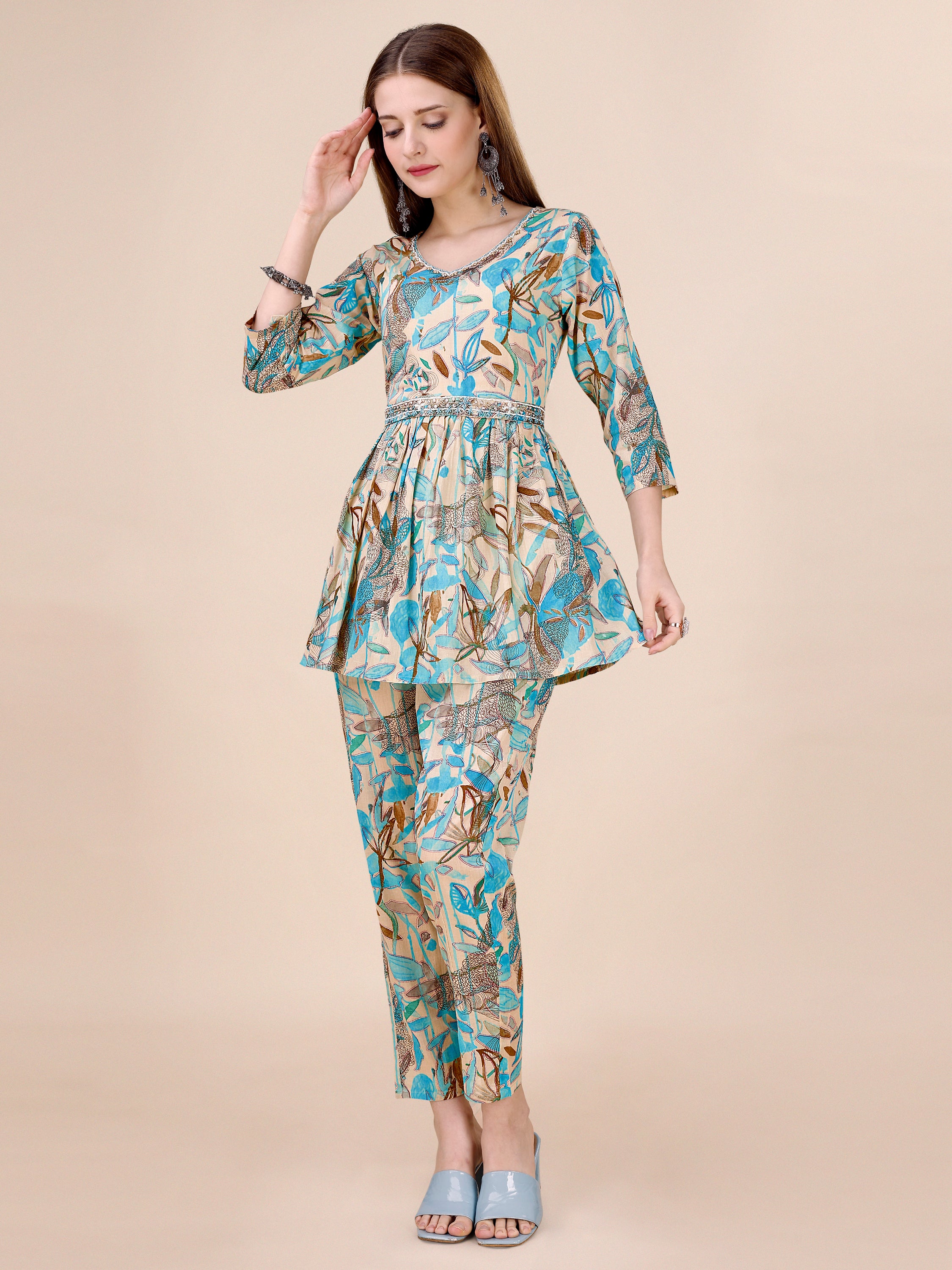 Cotton Beige-Blue Floral Printed Co-ord Set With Pearl Hand Embroidered Belt And Neckline