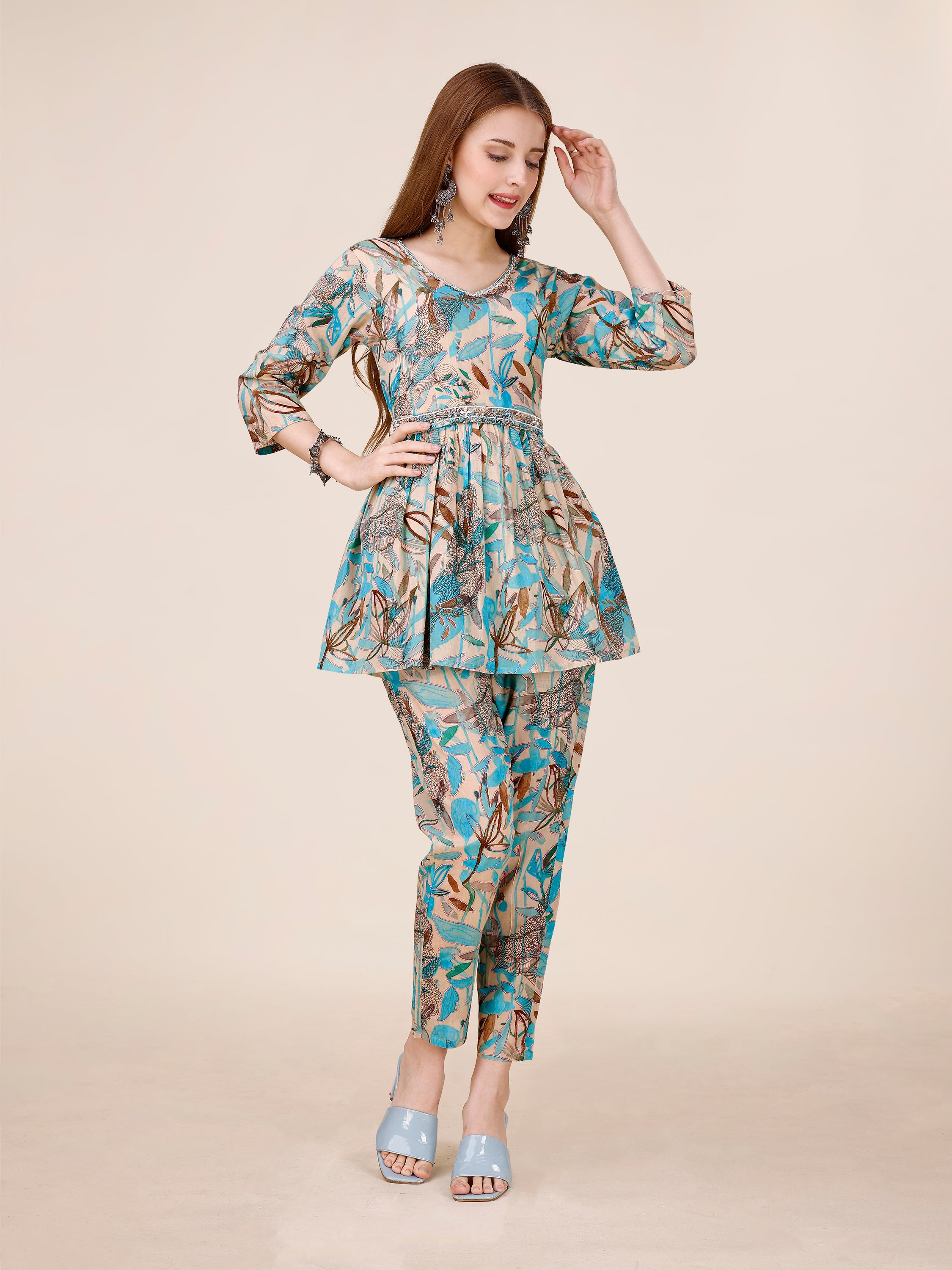 Cotton Beige-Blue Floral Printed Co-ord Set With Pearl Hand Embroidered Belt And Neckline