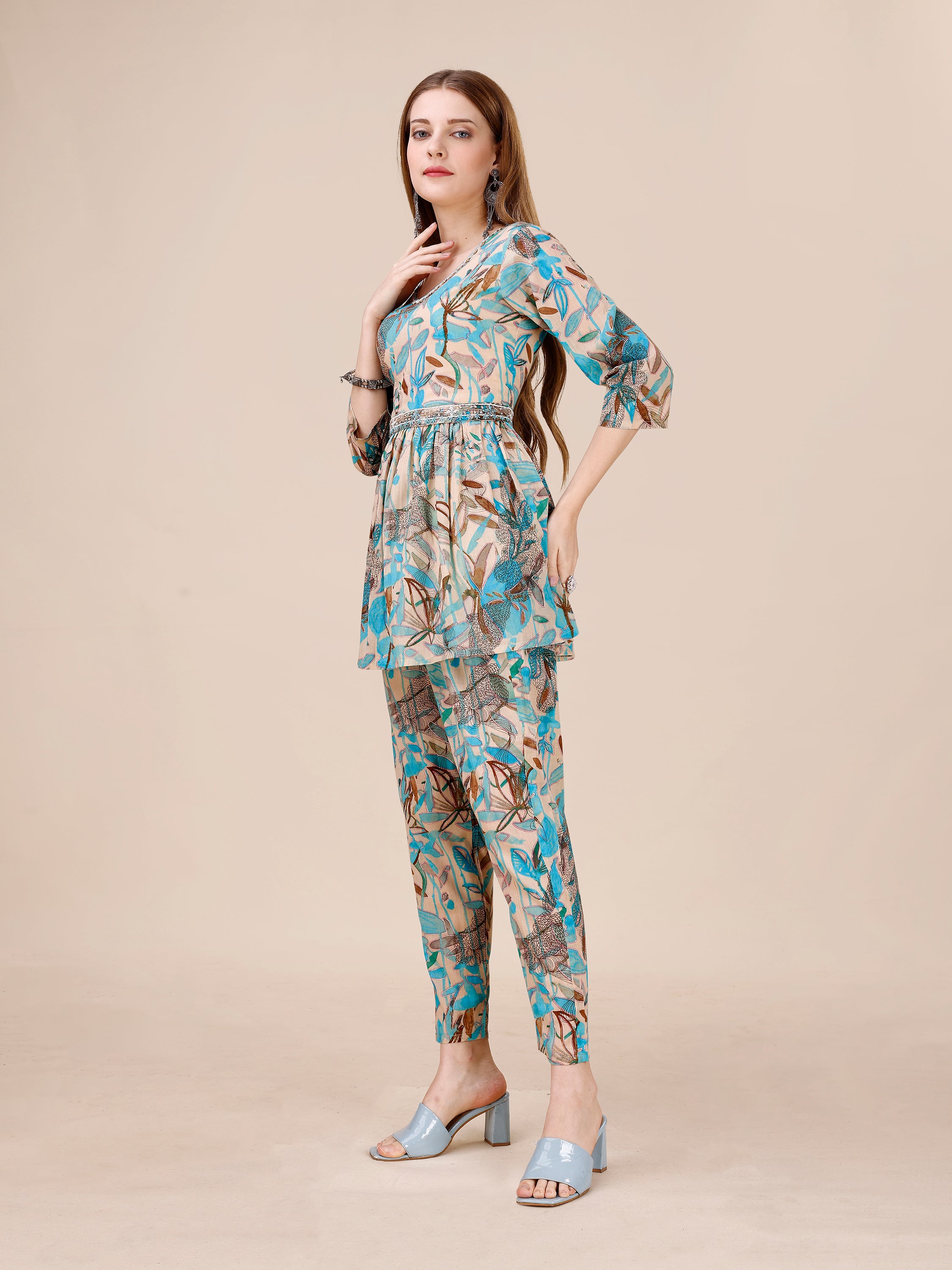 Cotton Beige-Blue Floral Printed Co-ord Set With Pearl Hand Embroidered Belt And Neckline