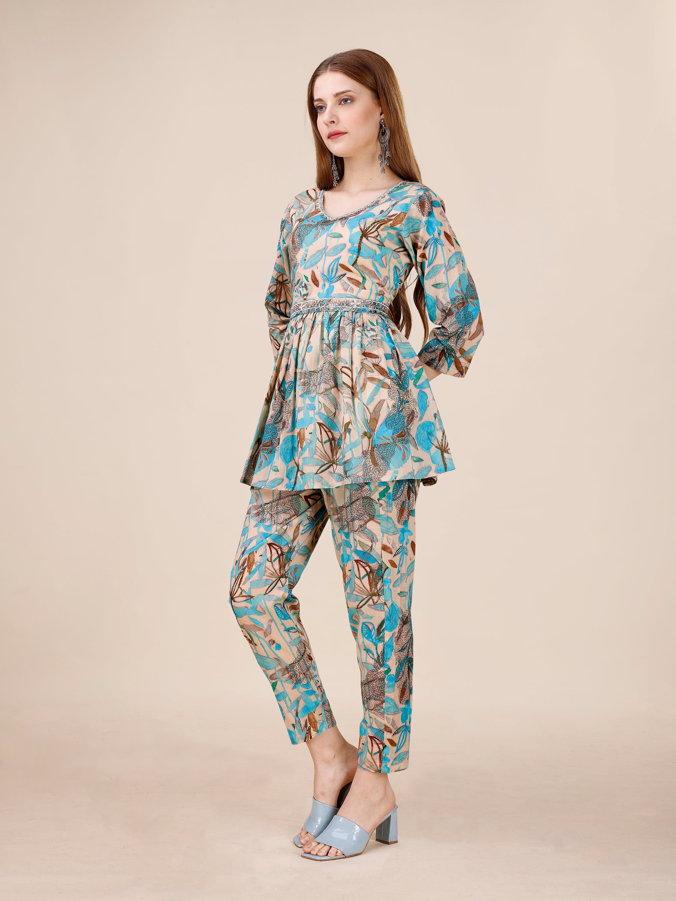 Cotton Beige-Blue Floral Printed Co-ord Set With Pearl Hand Embroidered Belt And Neckline