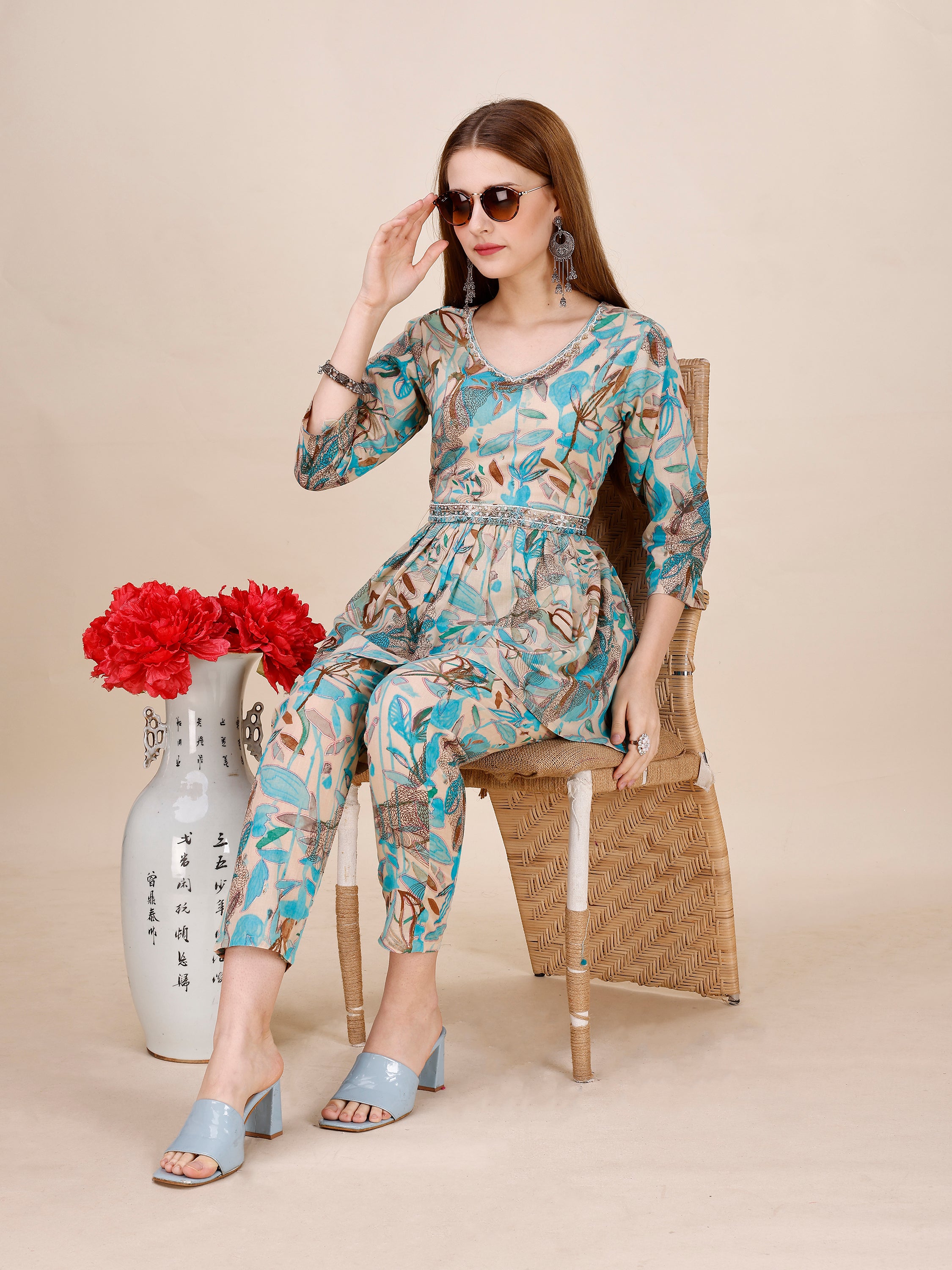 Cotton Beige-Blue Floral Printed Co-ord Set With Pearl Hand Embroidered Belt And Neckline