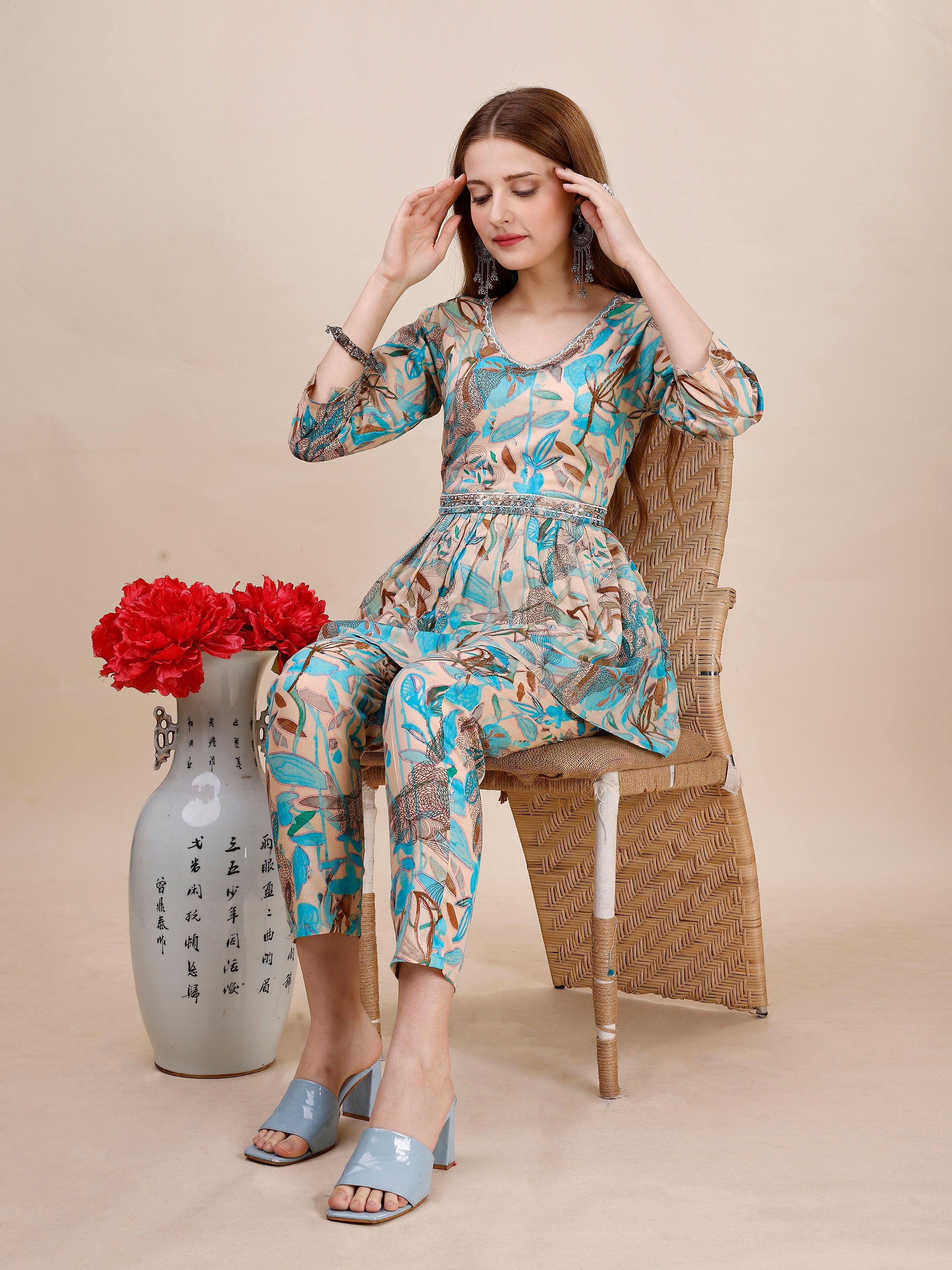 Cotton Beige-Blue Floral Printed Co-ord Set With Pearl Hand Embroidered Belt And Neckline