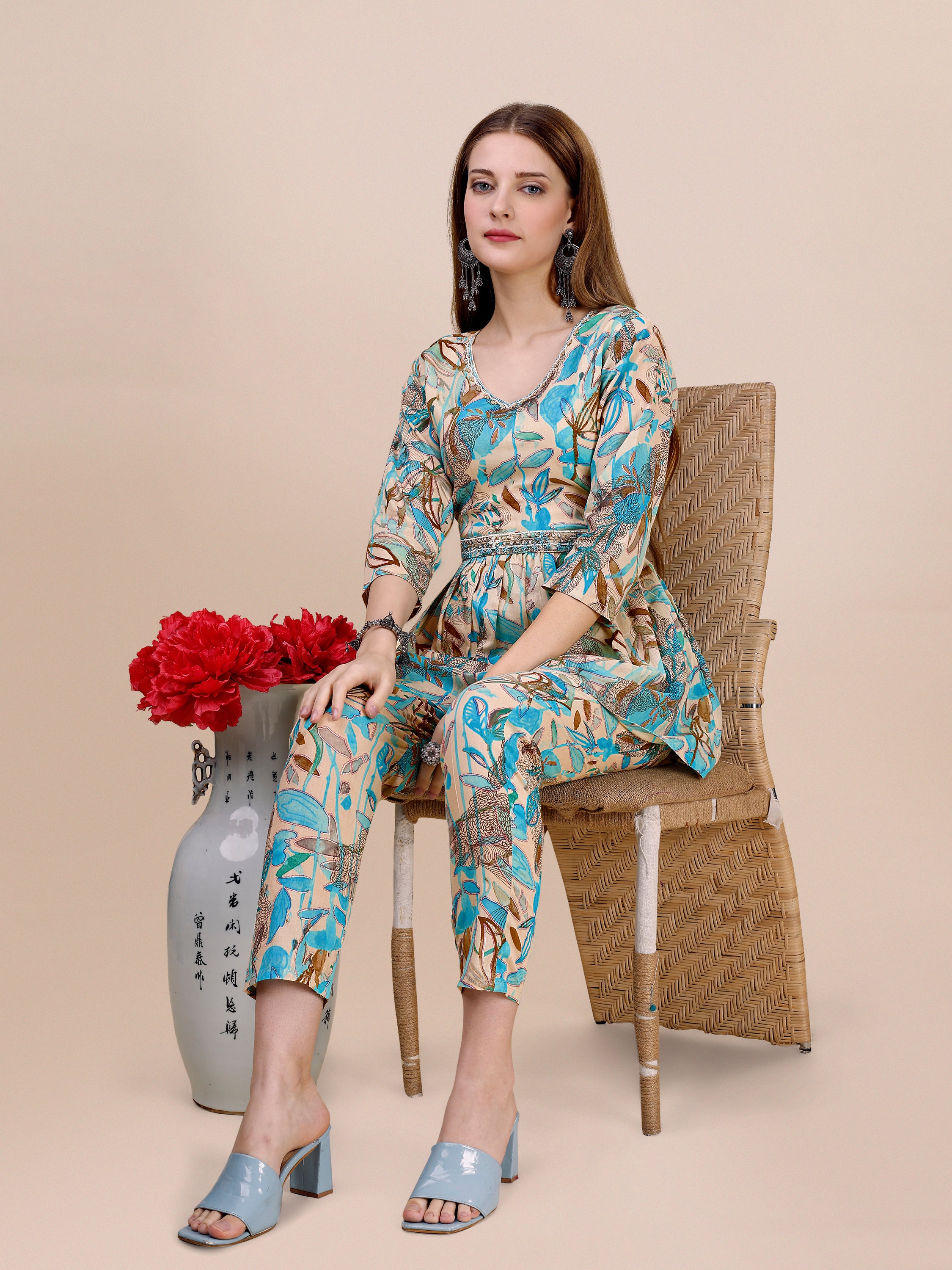 Cotton Beige-Blue Floral Printed Co-ord Set With Pearl Hand Embroidered Belt And Neckline