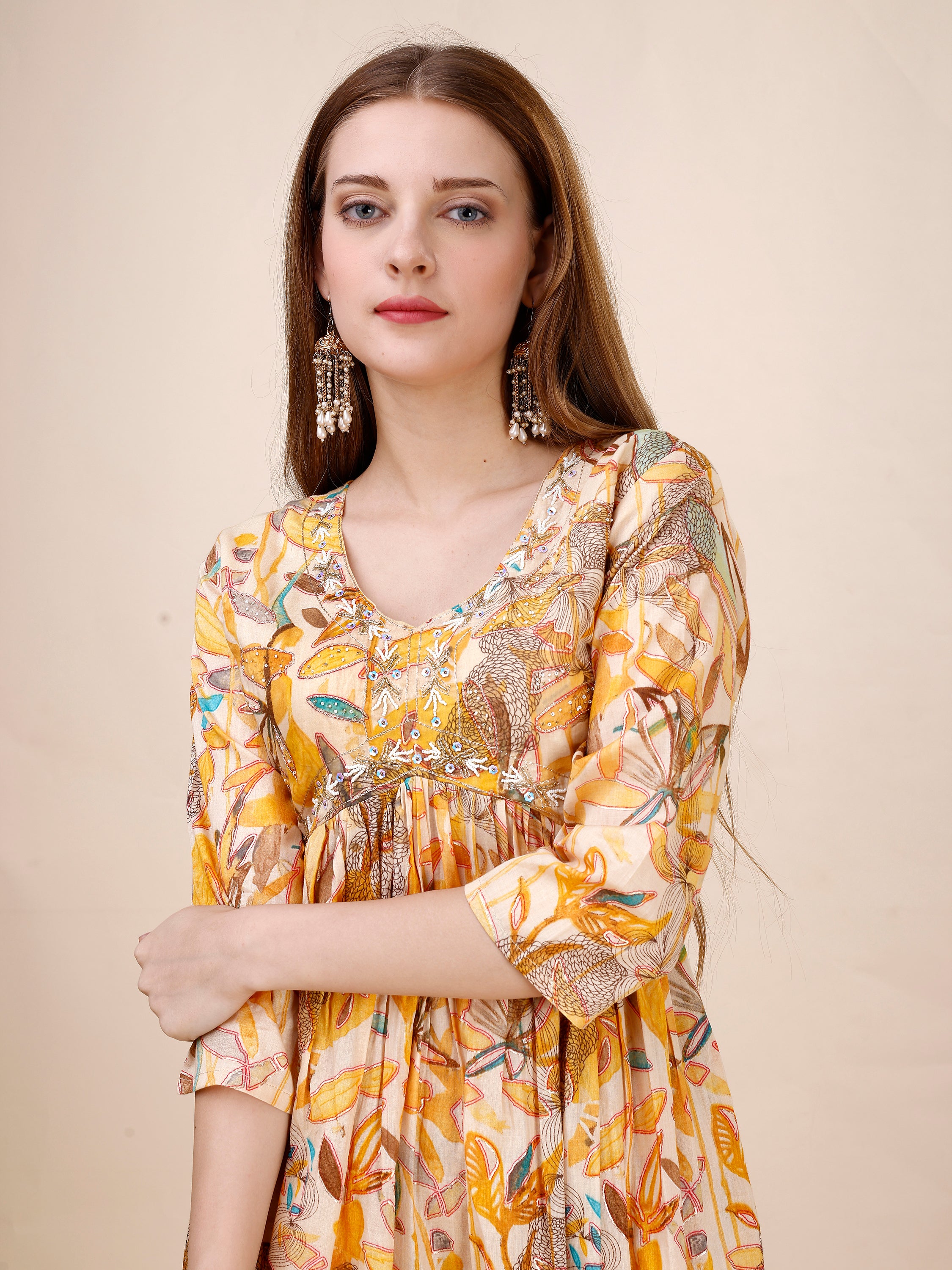 Hand Embroidered Floral Printed Side Cut Kurta Set