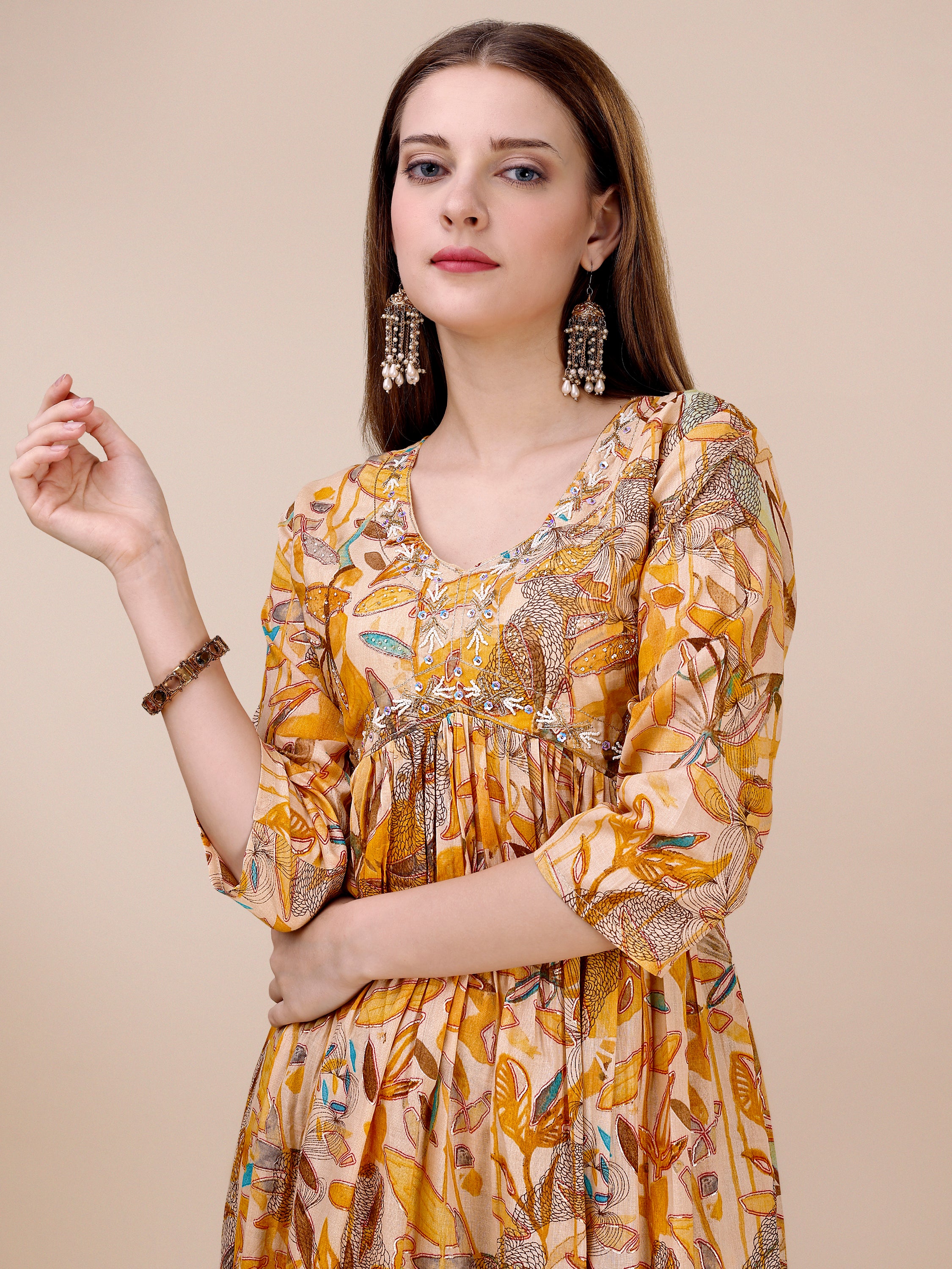 Hand Embroidered Floral Printed Side Cut Kurta Set