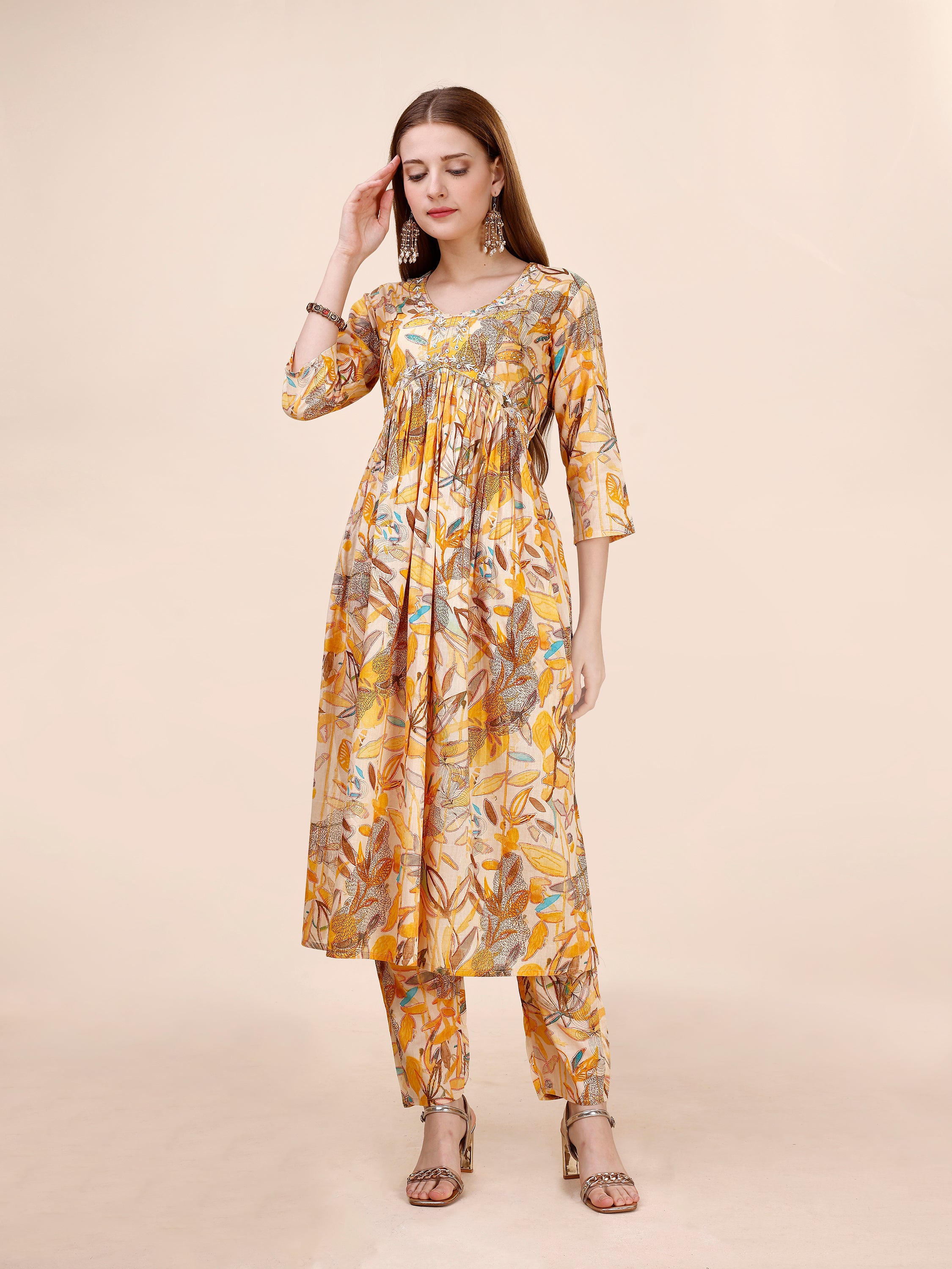 Hand Embroidered Floral Printed Side Cut Kurta Set