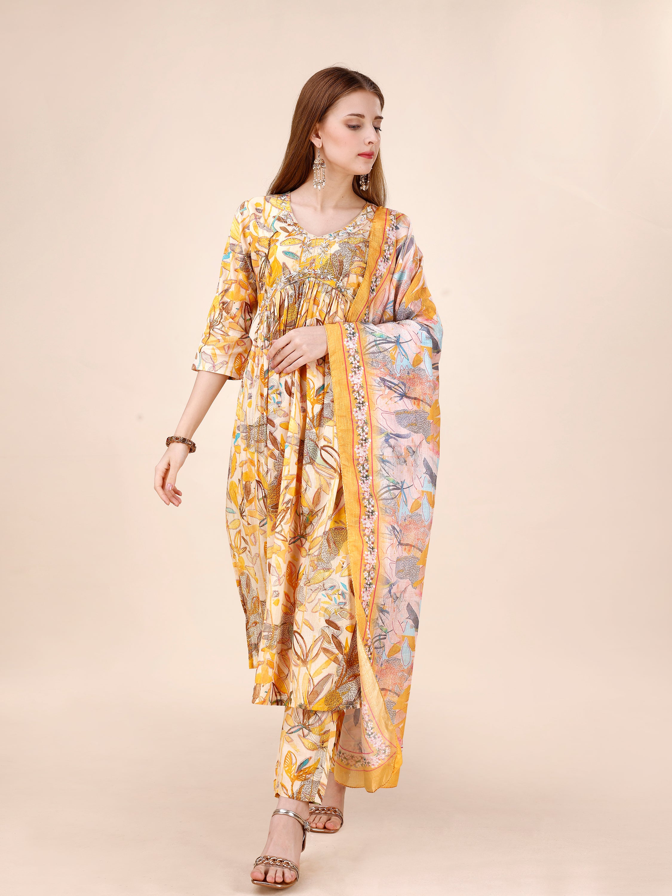 Hand Embroidered Floral Printed Side Cut Kurta Set