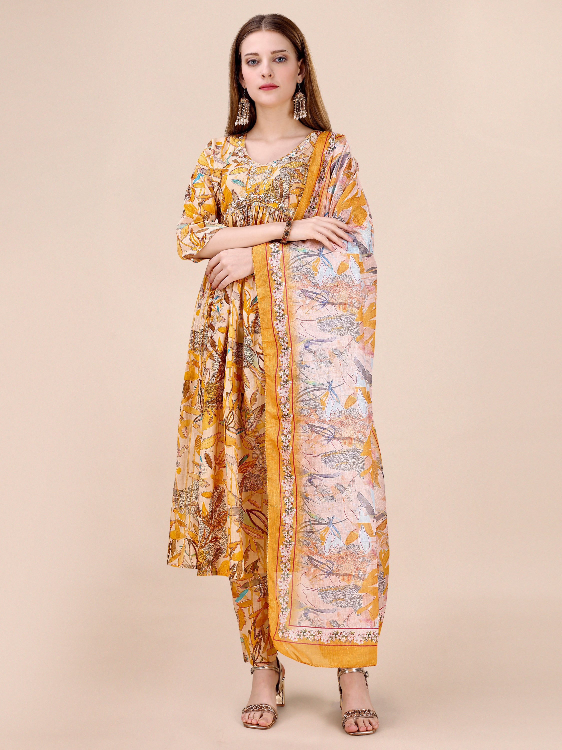 Hand Embroidered Floral Printed Side Cut Kurta Set