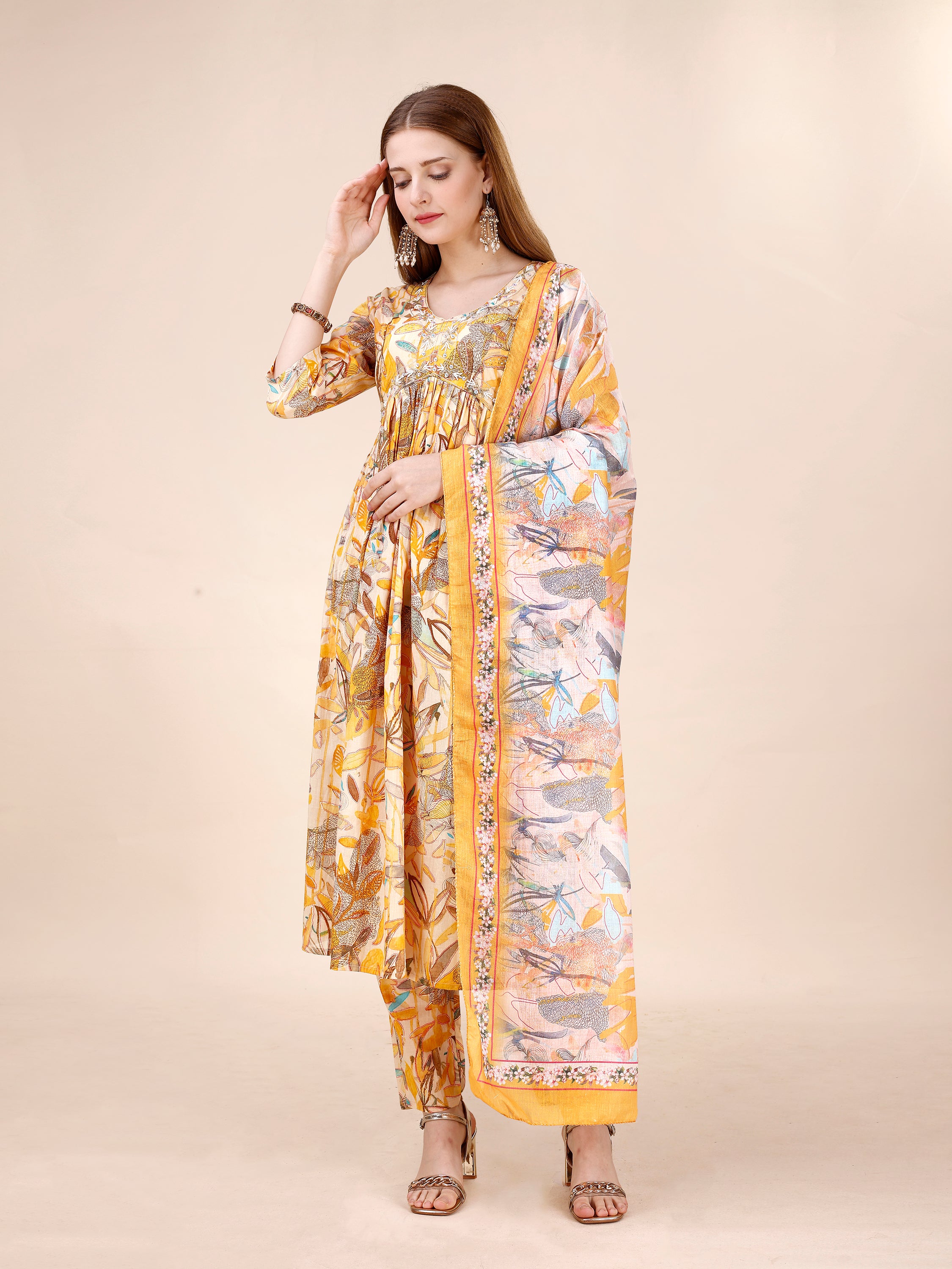 Hand Embroidered Floral Printed Side Cut Kurta Set