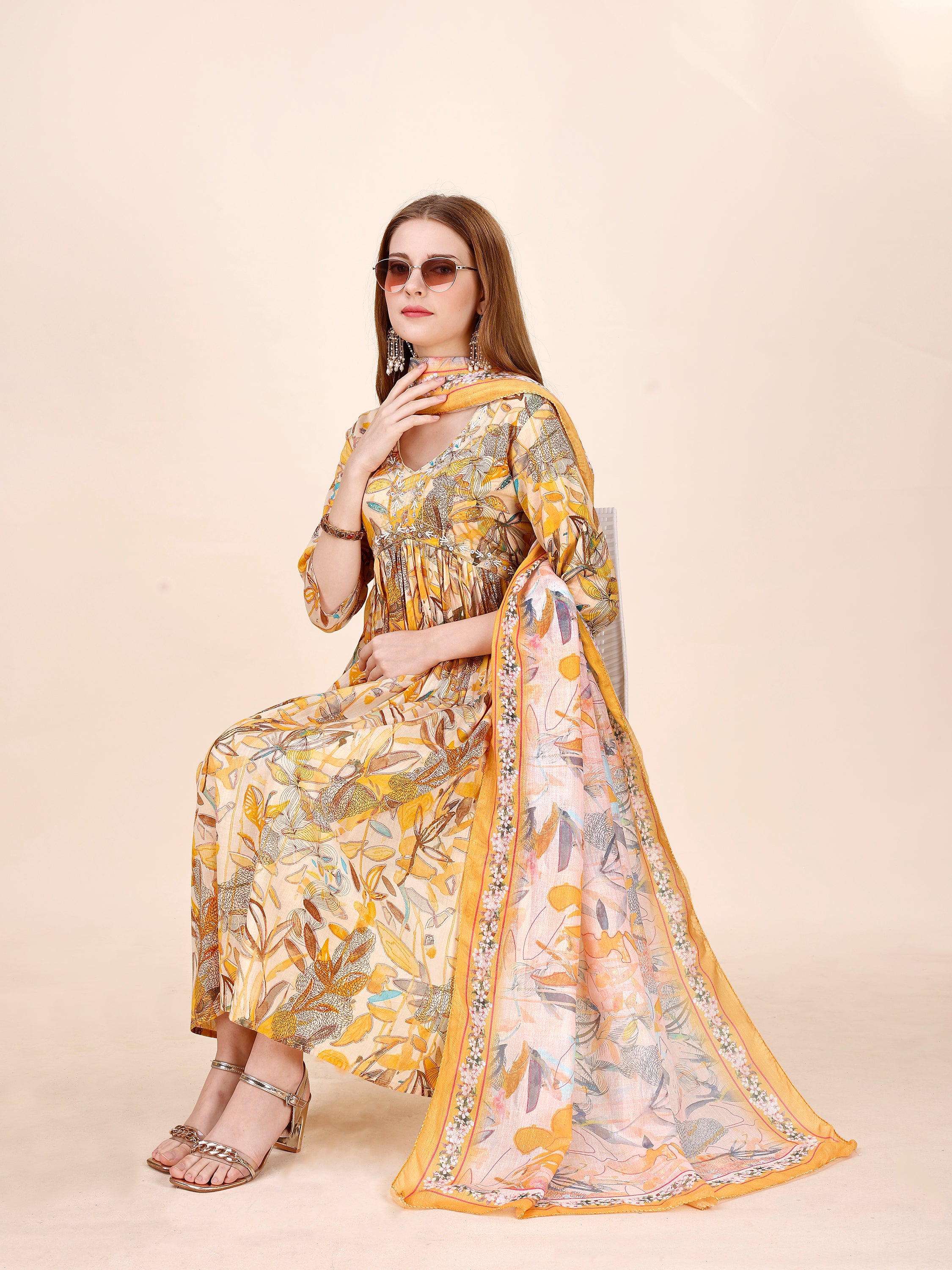 Hand Embroidered Floral Printed Side Cut Kurta Set