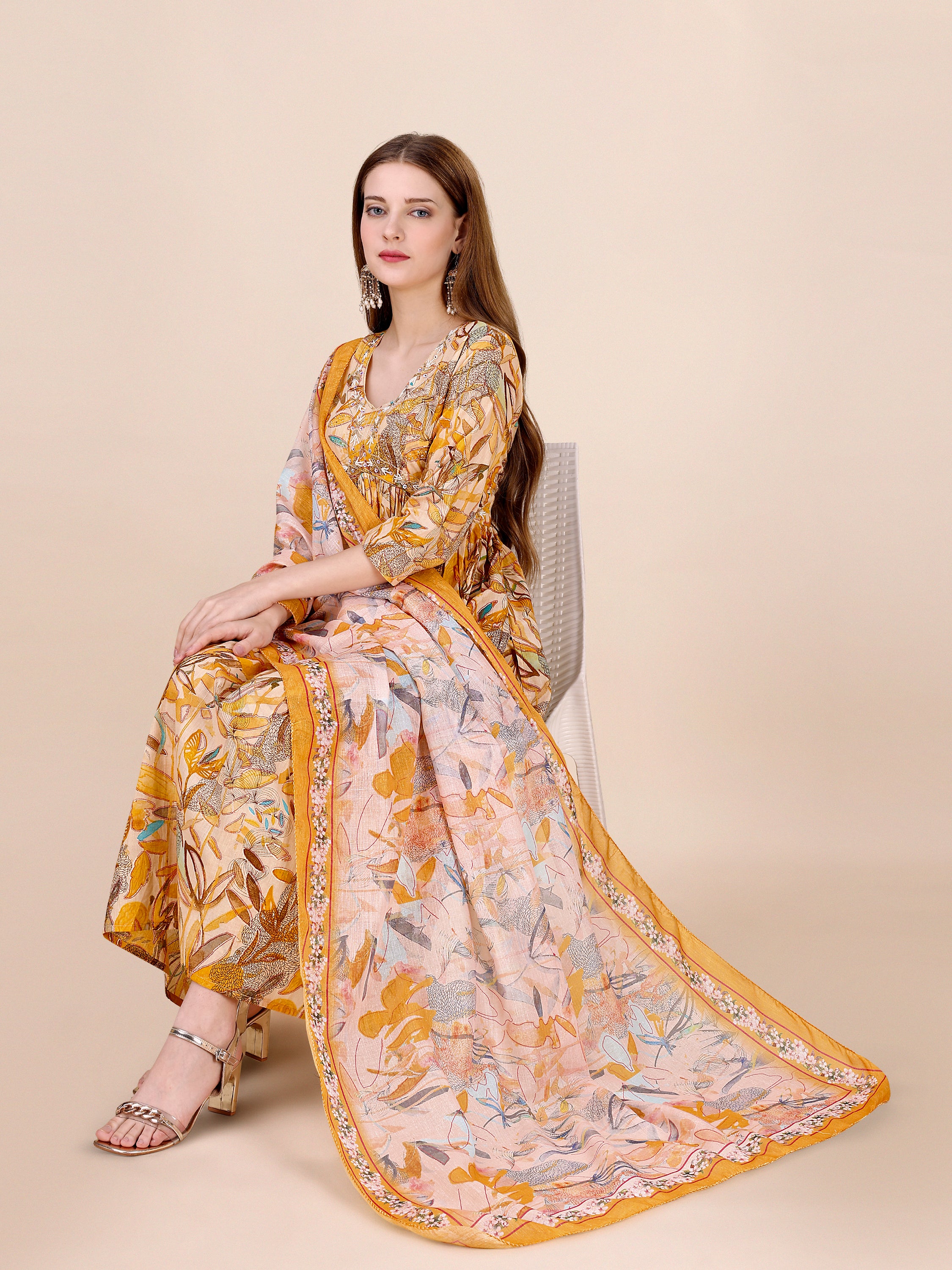 Hand Embroidered Floral Printed Side Cut Kurta Set