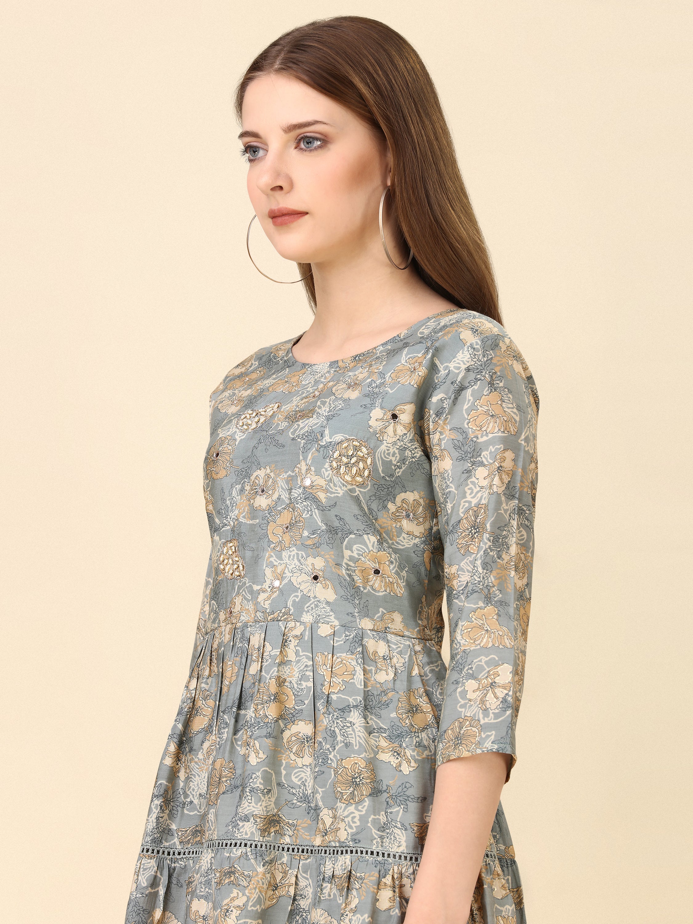 Floral Printed Hand Embroidered Indo-Western One-Piece Dress