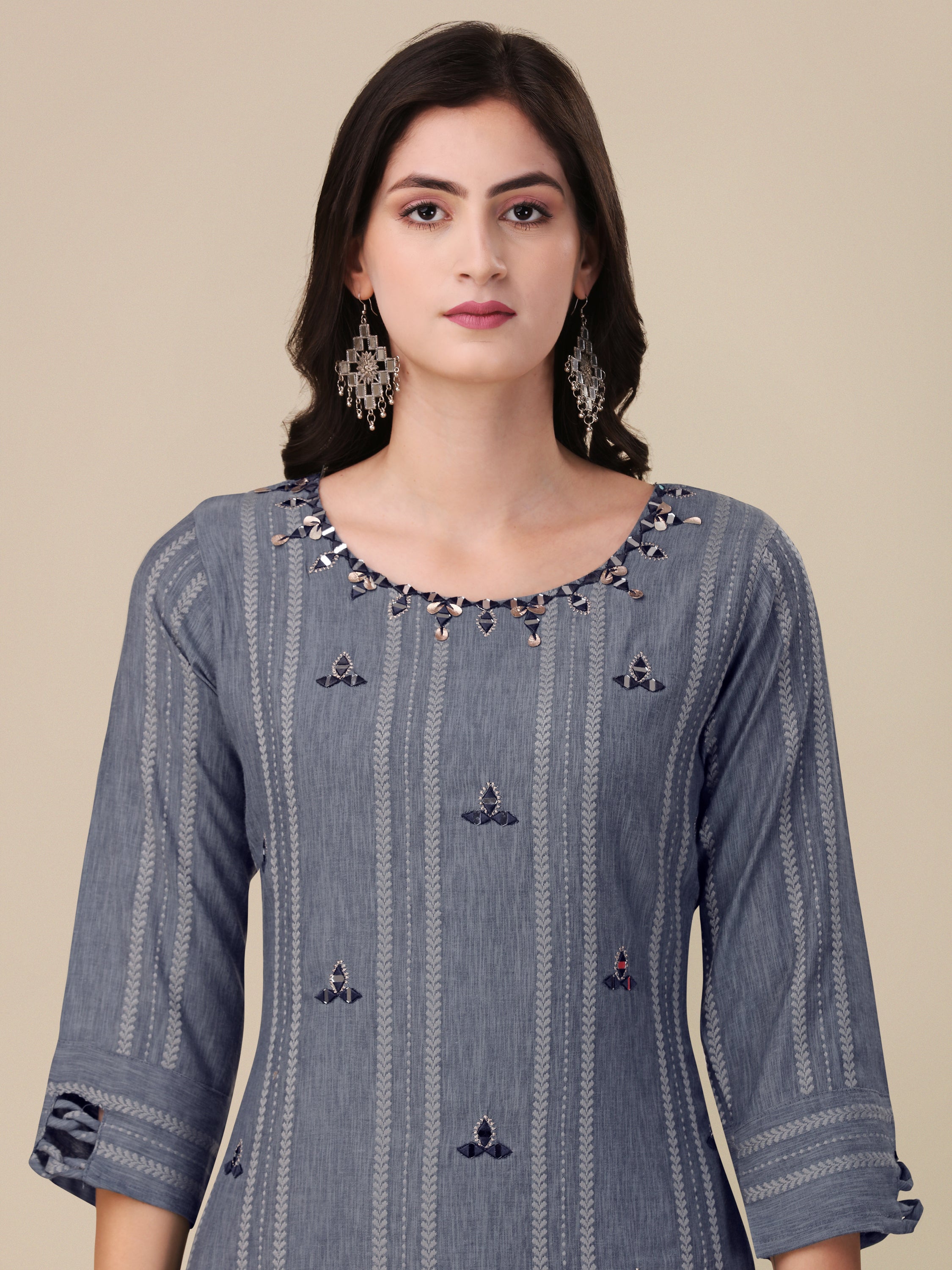 Mirror Work Straight Kurta With Stretchable Pant And Dupatta - Misht Blue