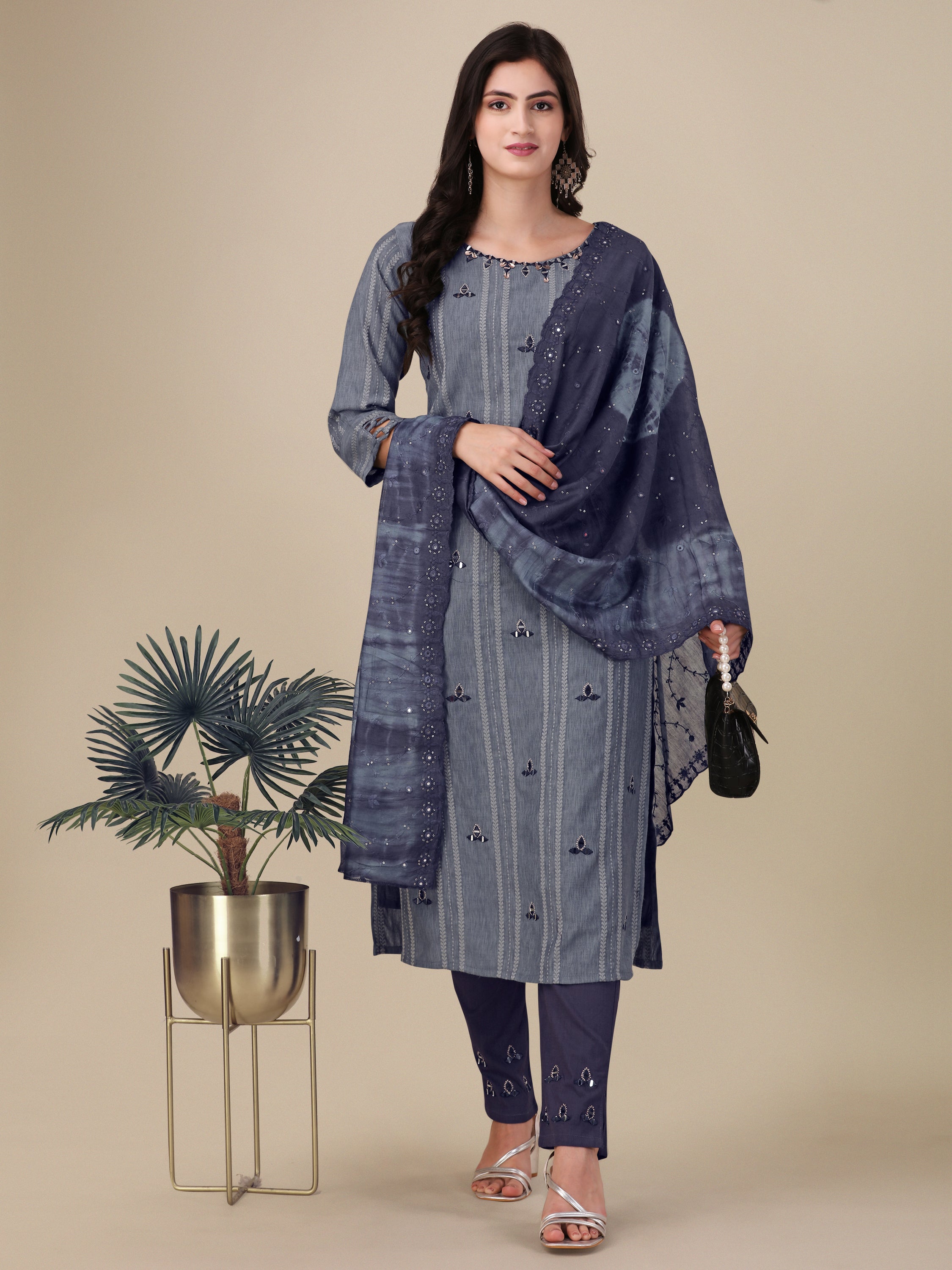 Mirror Work Straight Kurta With Stretchable Pant And Dupatta - Misht Blue