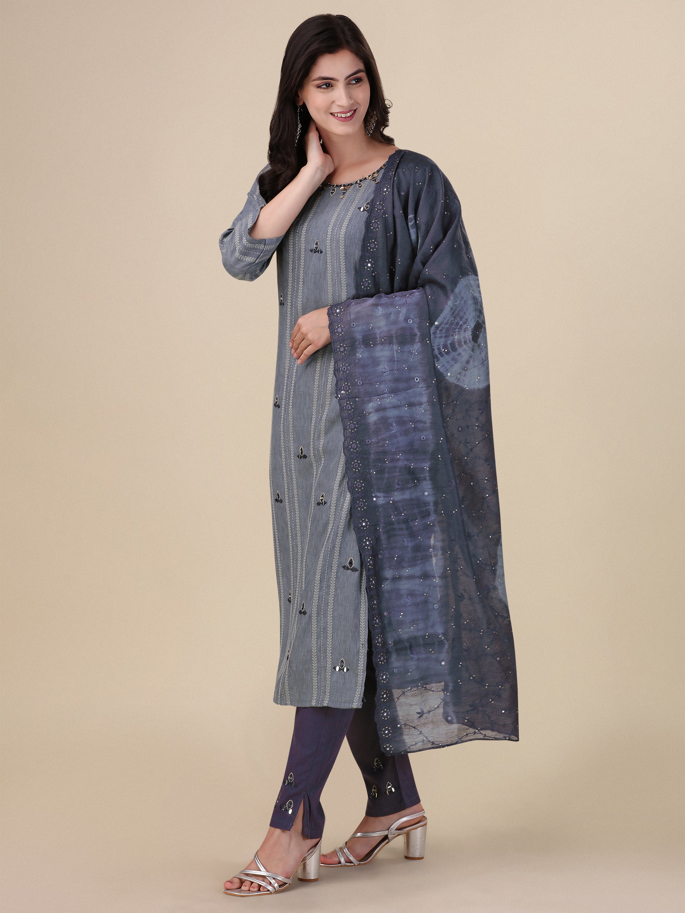 Mirror Work Straight Kurta With Stretchable Pant And Dupatta - Misht Blue