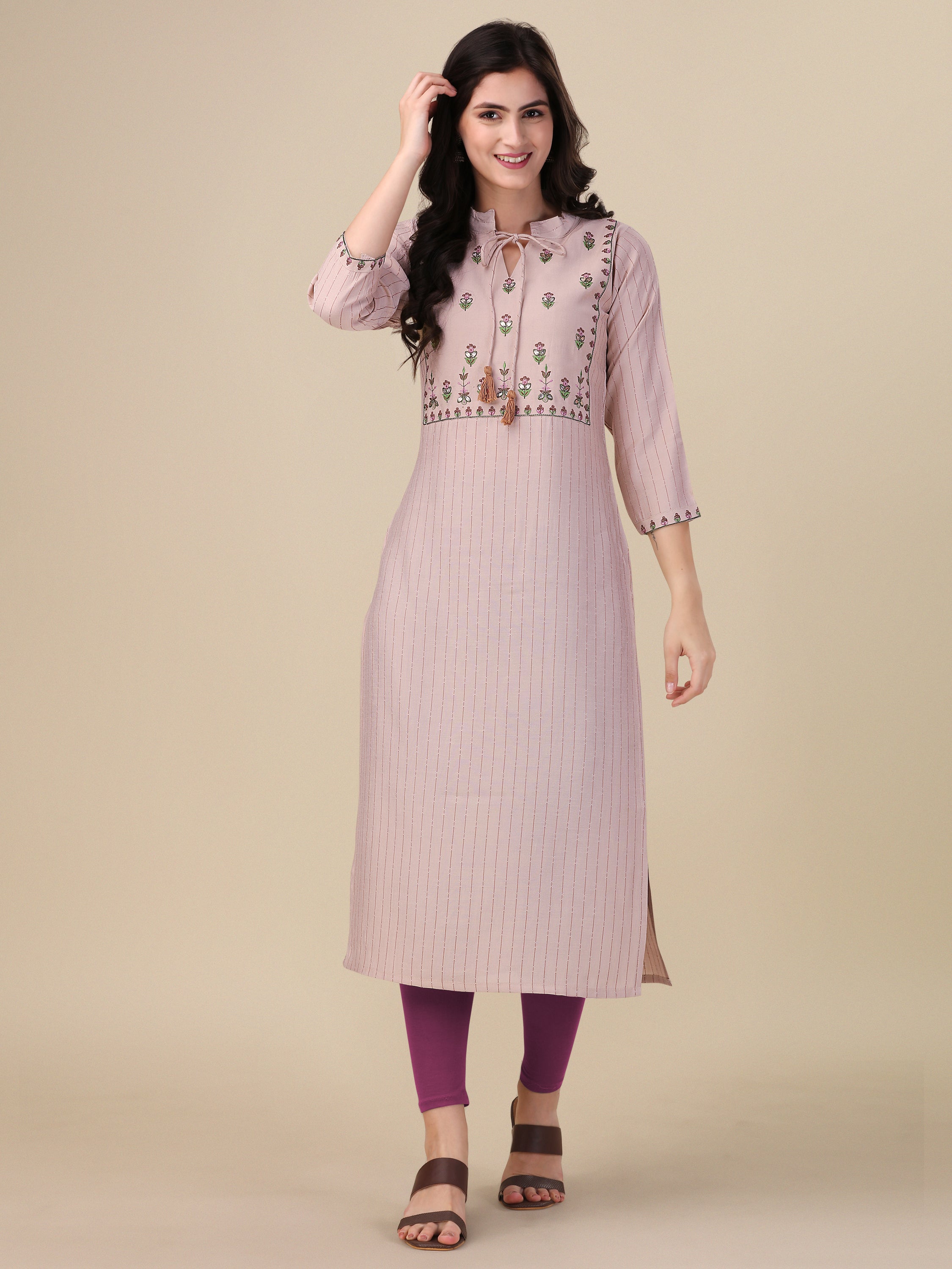 Casual Wear Straight Kurta With Embroidery Work