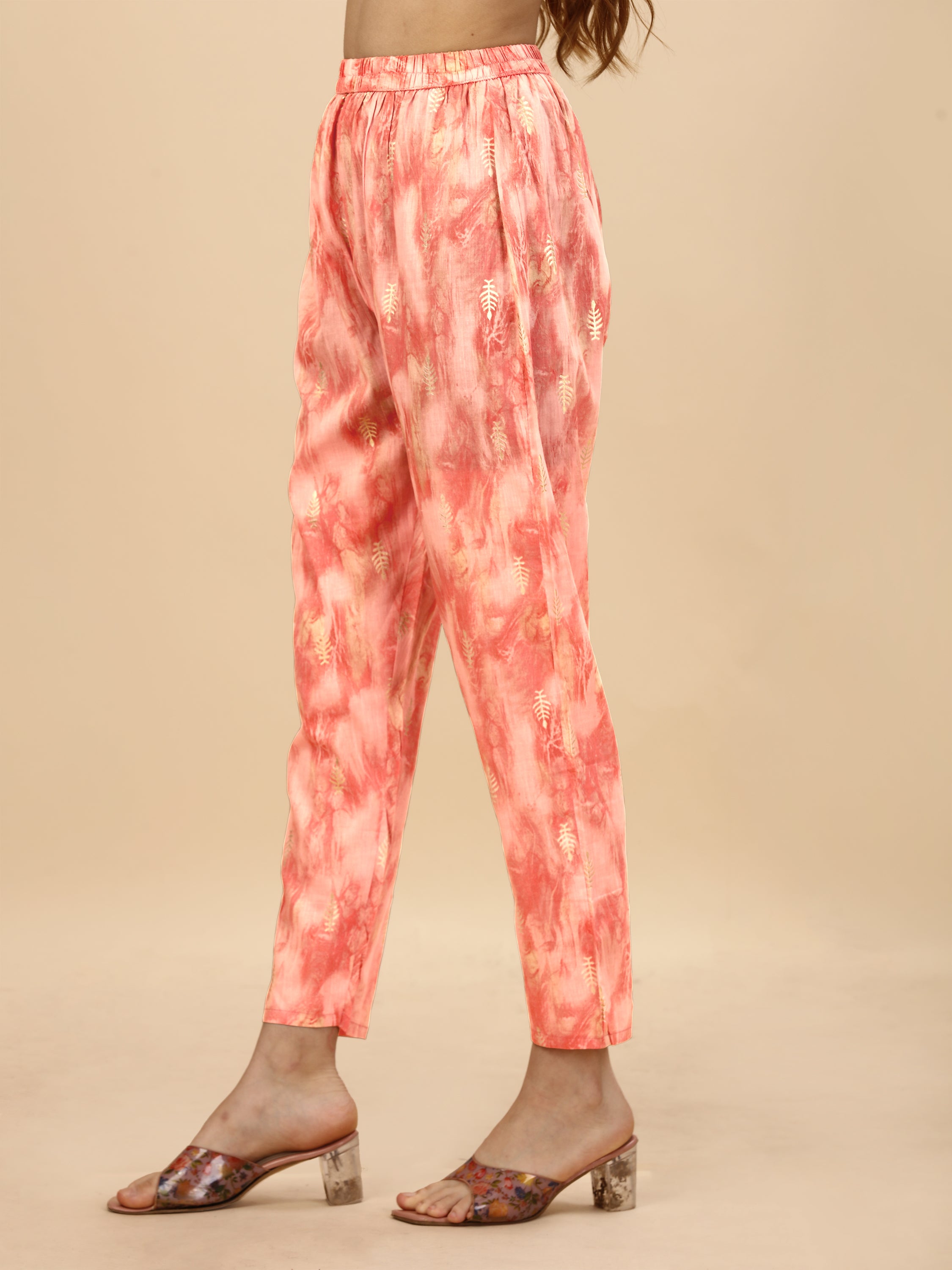 Peachy Pink Cotton Abstract Printed Co-ord Set With Pearl, Beds And Sequin Hand Embroidered Belt And Neckline