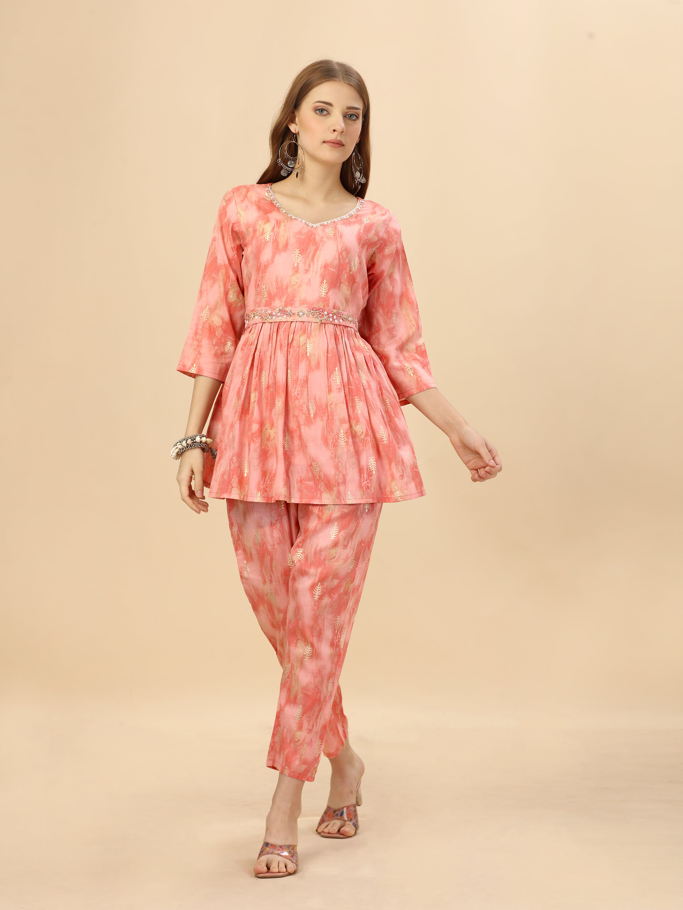 Peachy Pink Cotton Abstract Printed Co-ord Set With Pearl, Beds And Sequin Hand Embroidered Belt And Neckline