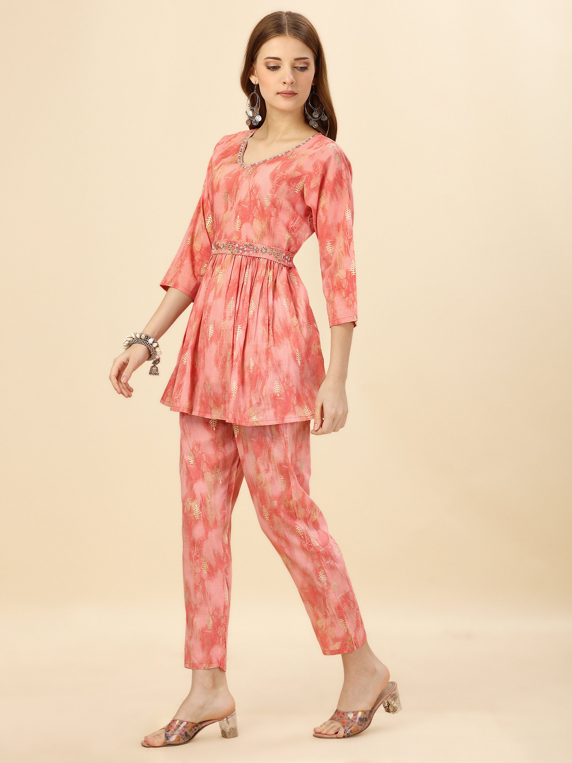 Peachy Pink Cotton Abstract Printed Co-ord Set With Pearl, Beds And Sequin Hand Embroidered Belt And Neckline