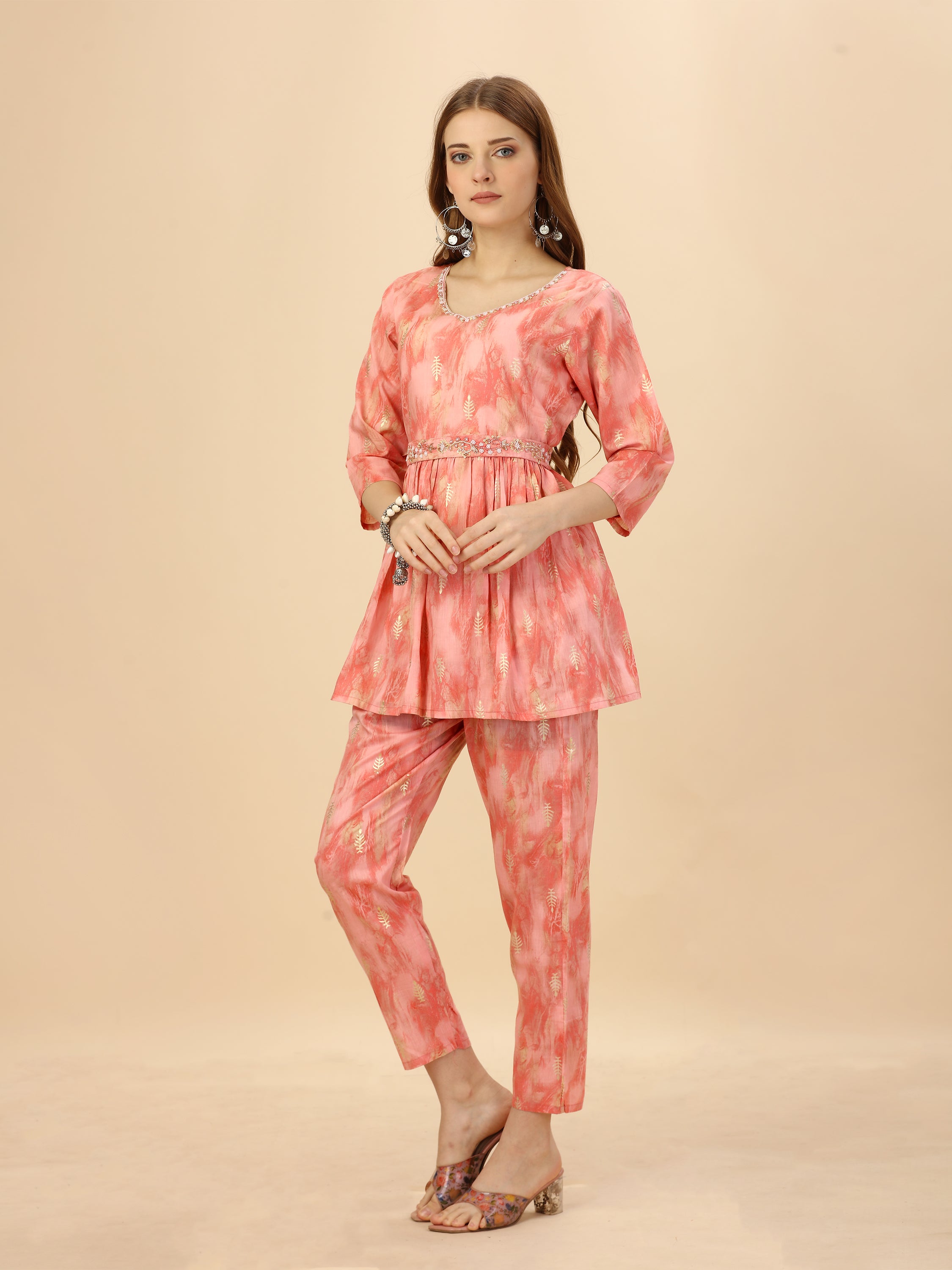 Peachy Pink Cotton Abstract Printed Co-ord Set With Pearl, Beds And Sequin Hand Embroidered Belt And Neckline