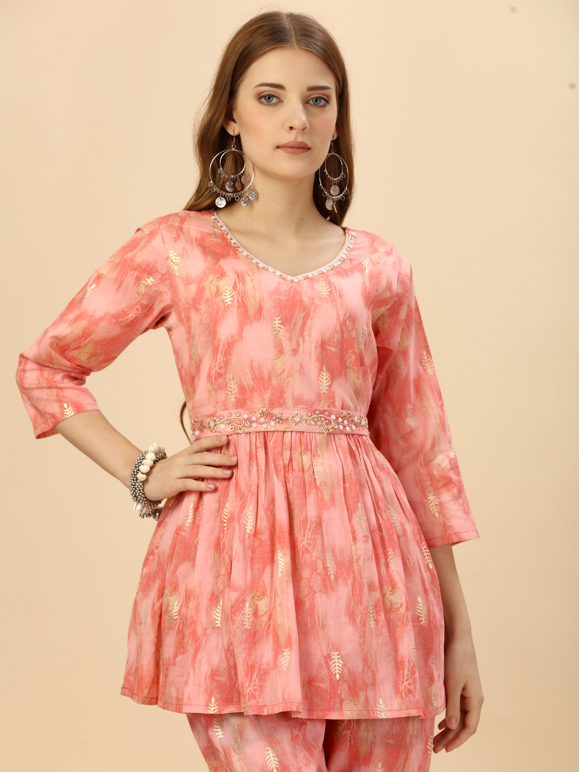 Peachy Pink Cotton Abstract Printed Co-ord Set With Pearl, Beds And Sequin Hand Embroidered Belt And Neckline