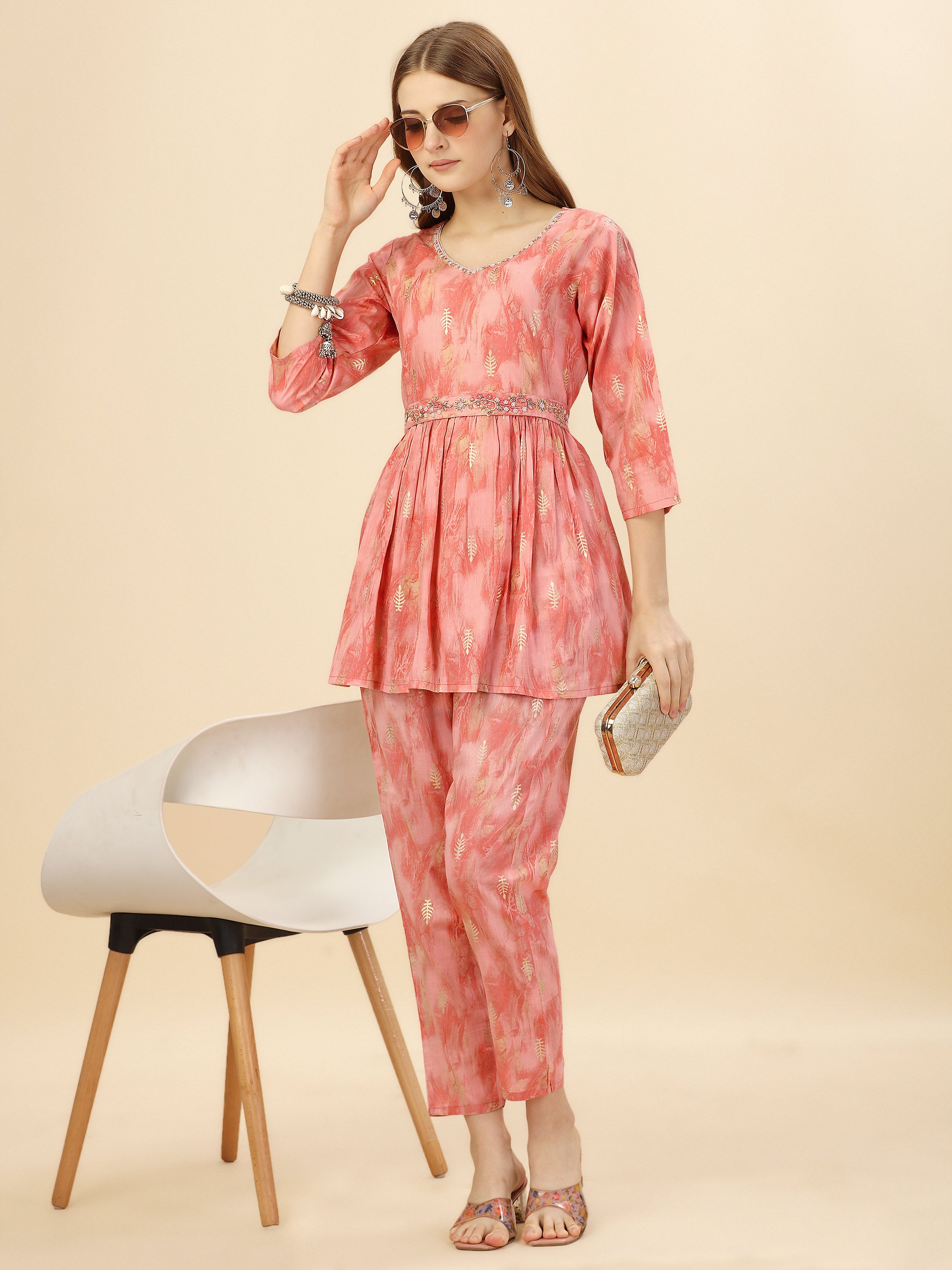 Peachy Pink Cotton Abstract Printed Co-ord Set With Pearl, Beds And Sequin Hand Embroidered Belt And Neckline