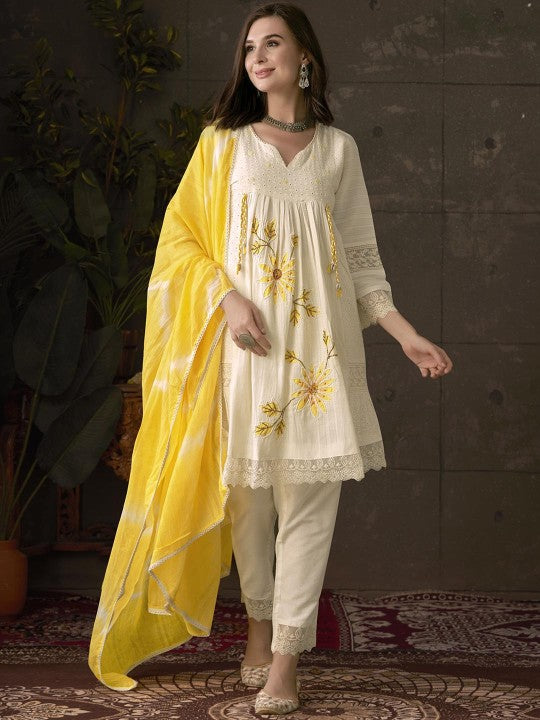 Yellow A-Line Schiffli Cotton Suit With Handwork