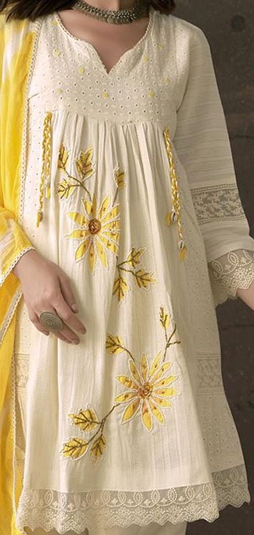 Yellow A-Line Schiffli Cotton Suit With Handwork