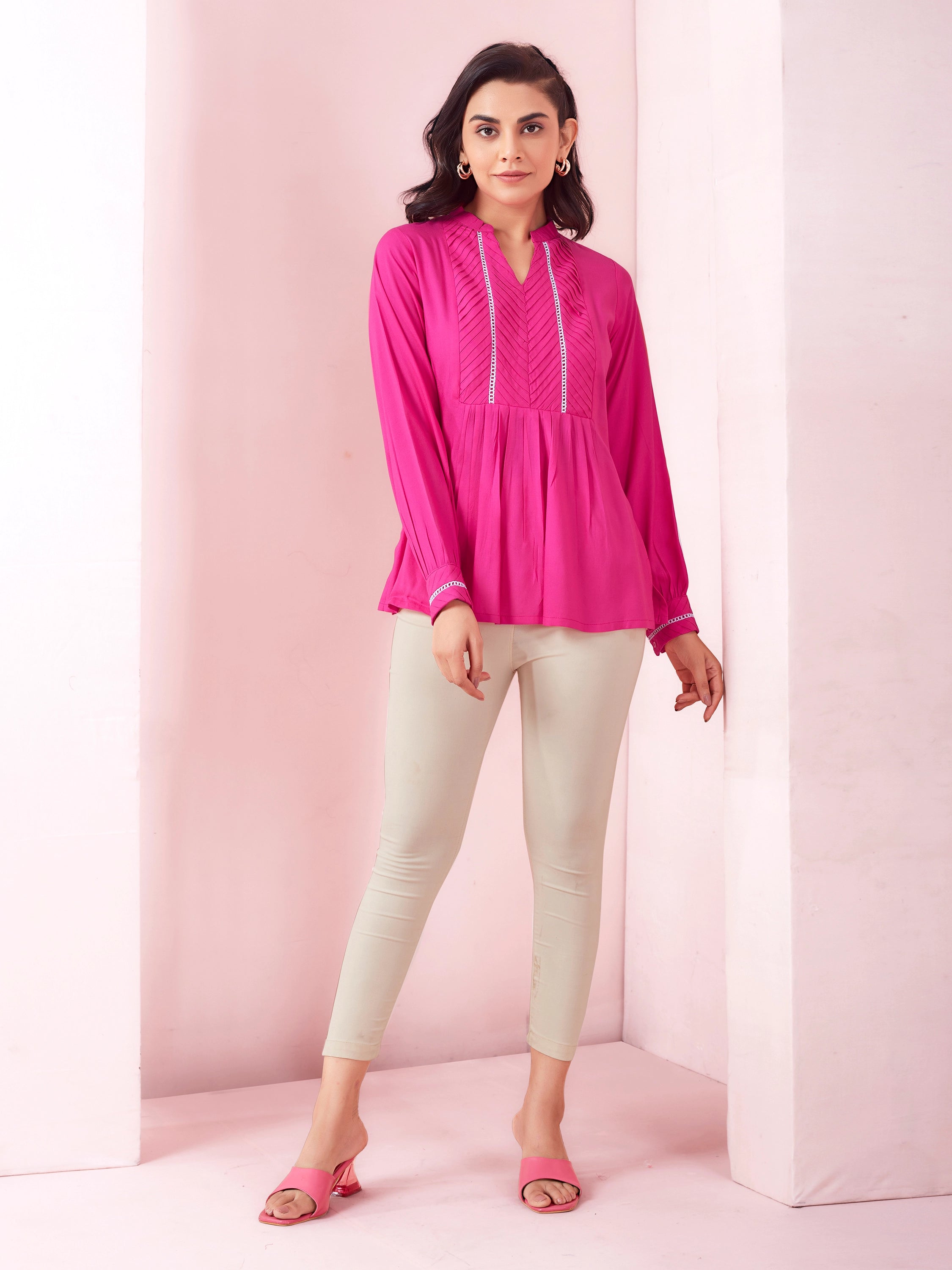 Solid Pleated Casual Wear Full Sleeve Top- Pink