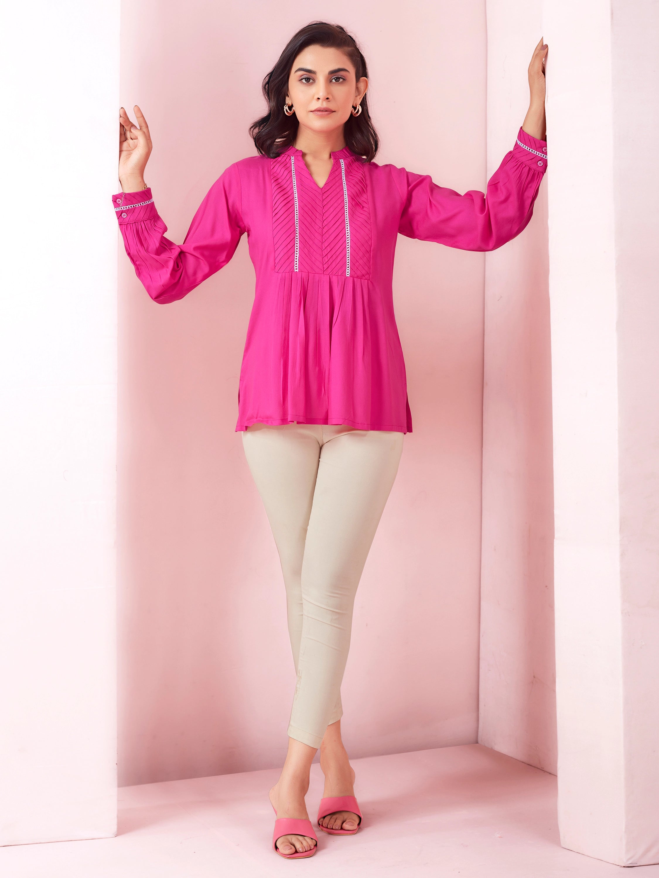 Solid Pleated Casual Wear Full Sleeve Top- Pink