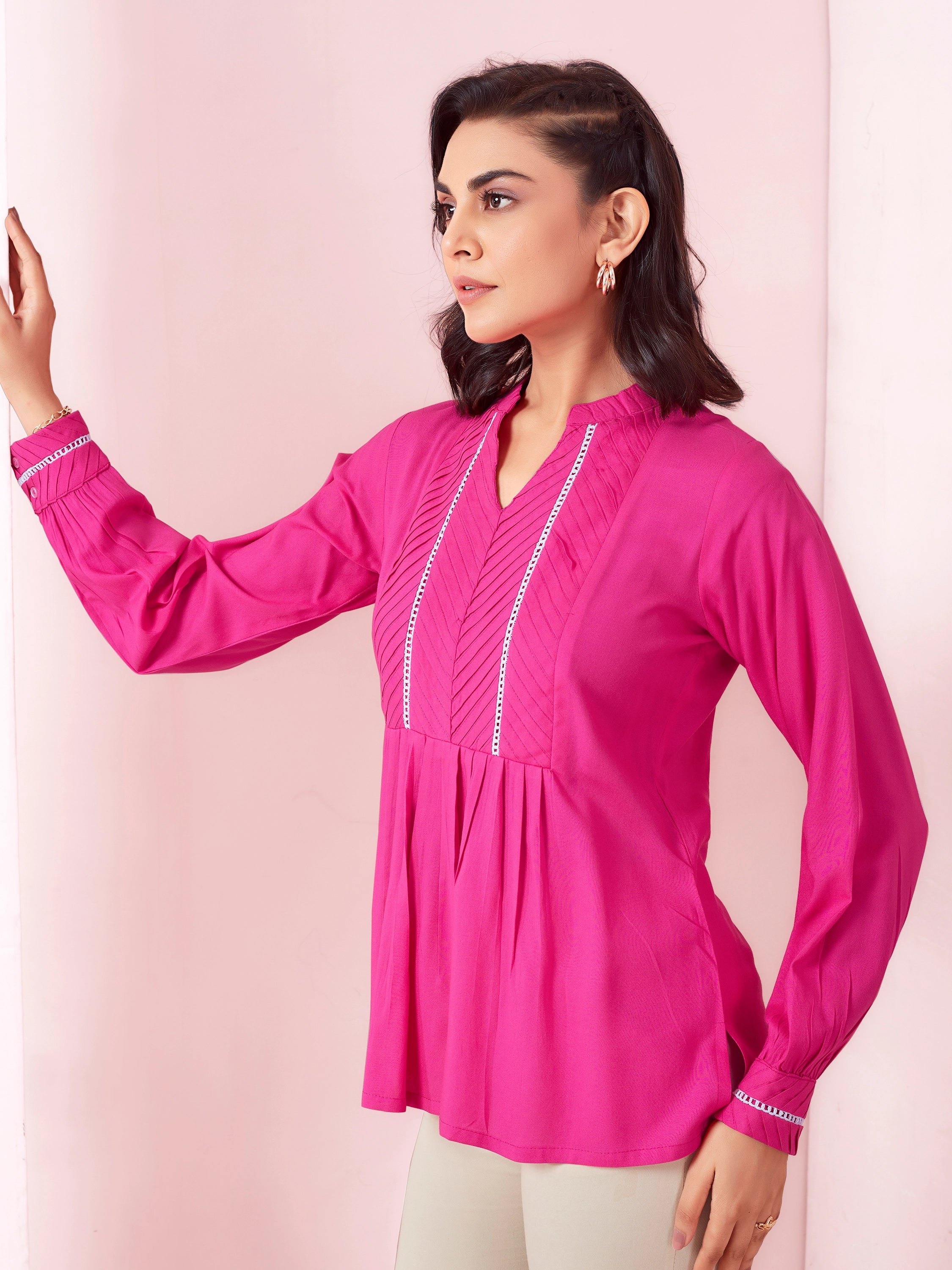 Solid Pleated Casual Wear Full Sleeve Top- Pink