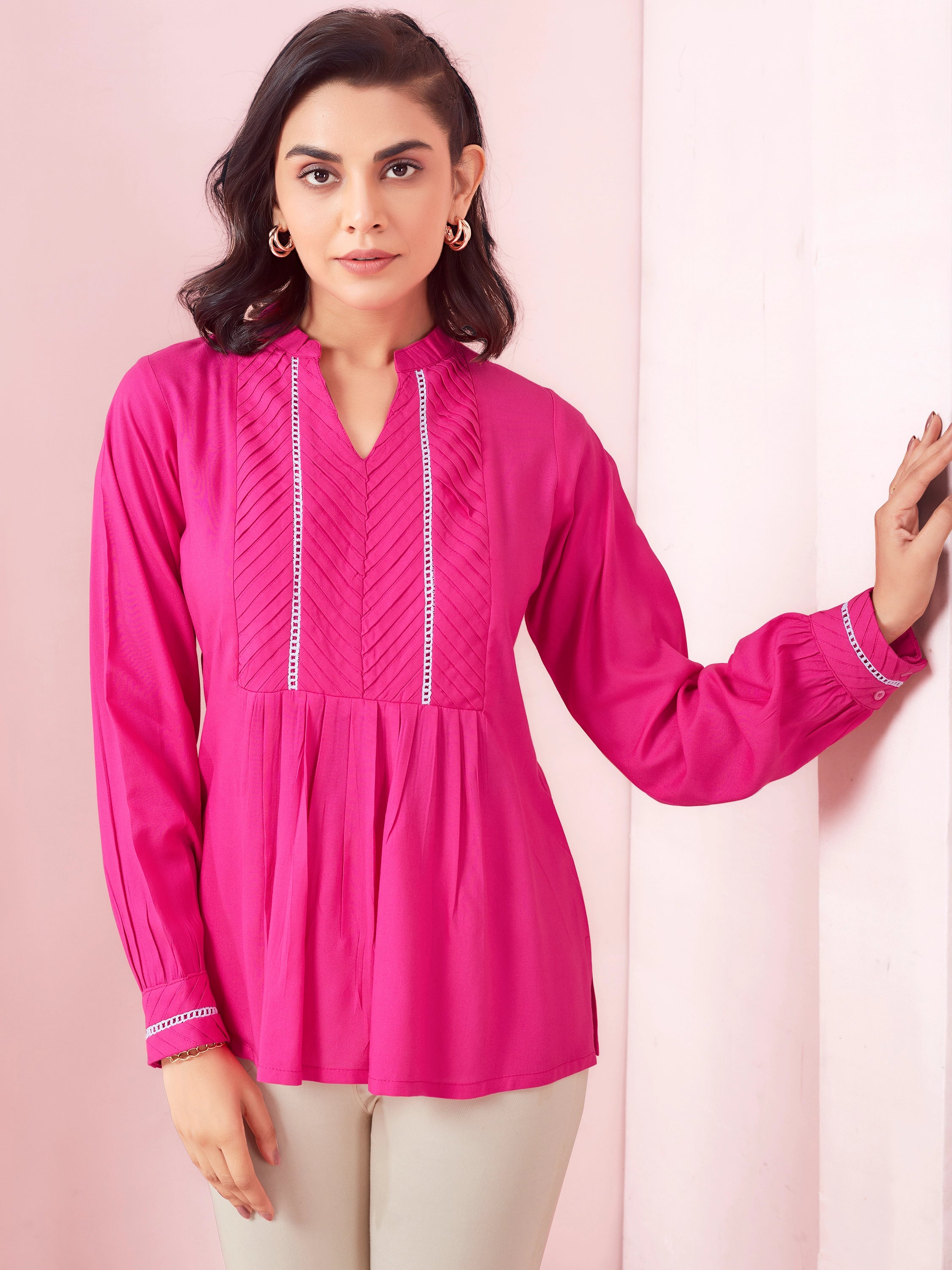 Solid Pleated Casual Wear Full Sleeve Top- Pink