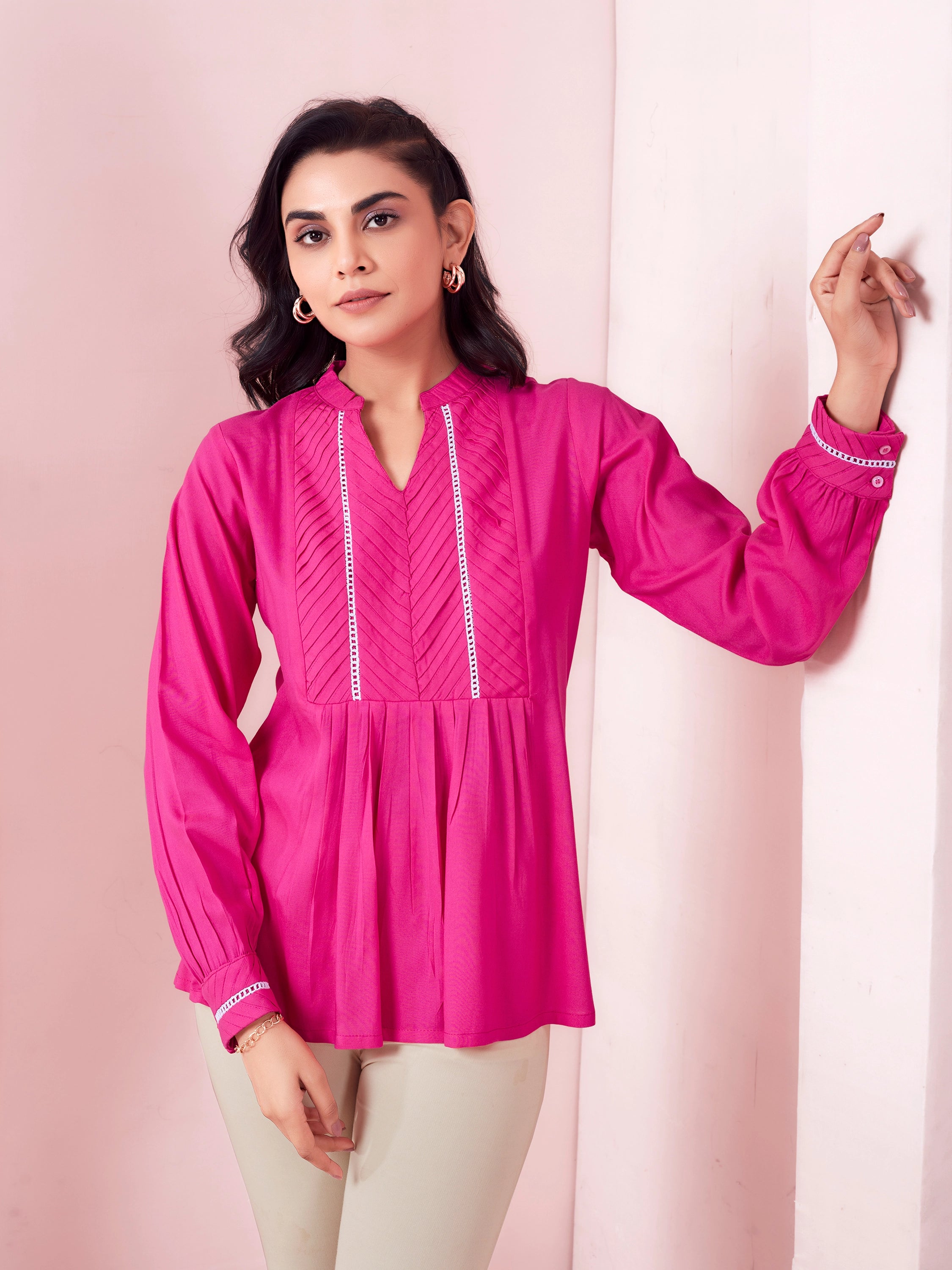 Solid Pleated Casual Wear Full Sleeve Top- Pink