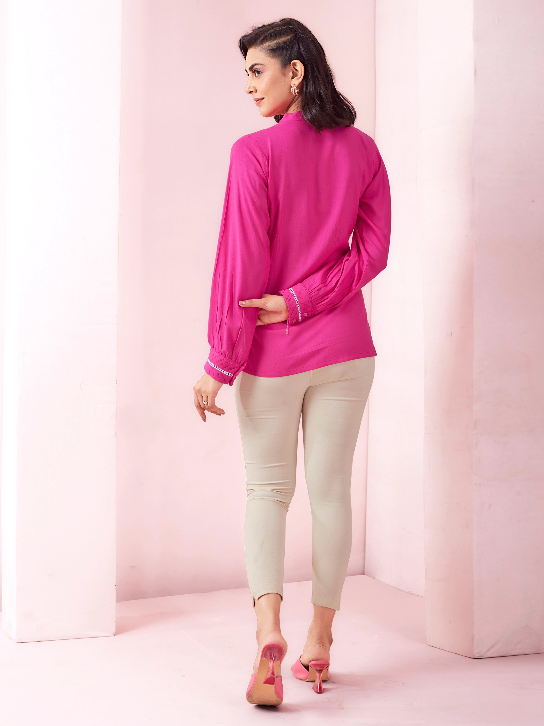 Solid Pleated Casual Wear Full Sleeve Top- Pink