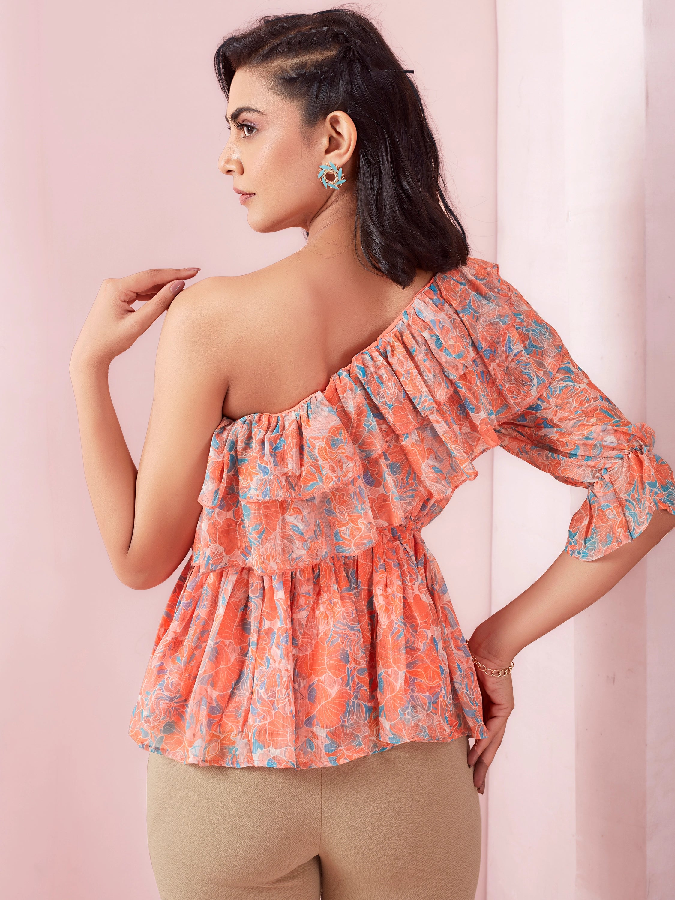 Cross Shoulder Floral Casual Top - Orange