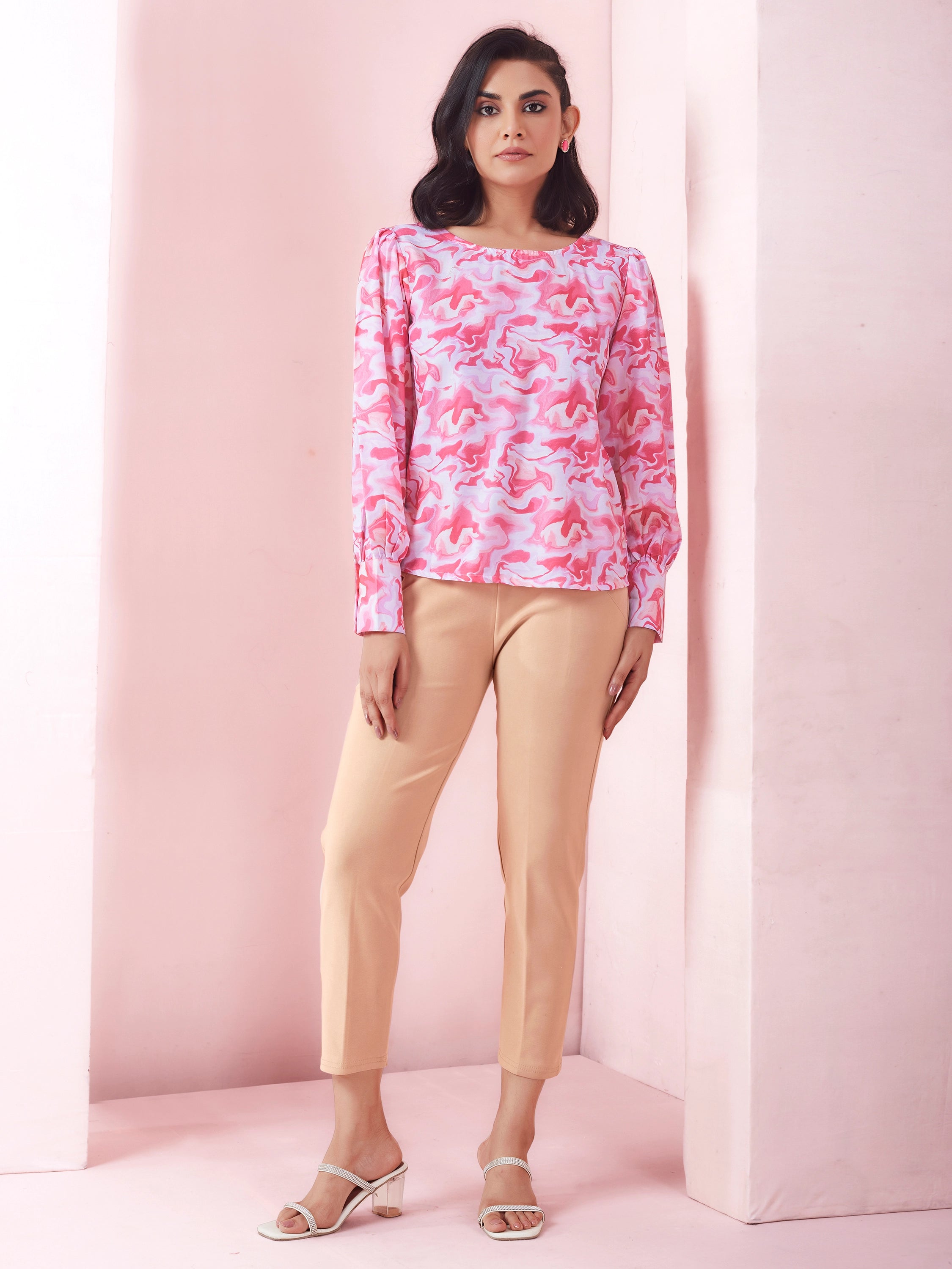 Marble Printed Full Sleeve Boat Neck Top - Pink And Cream