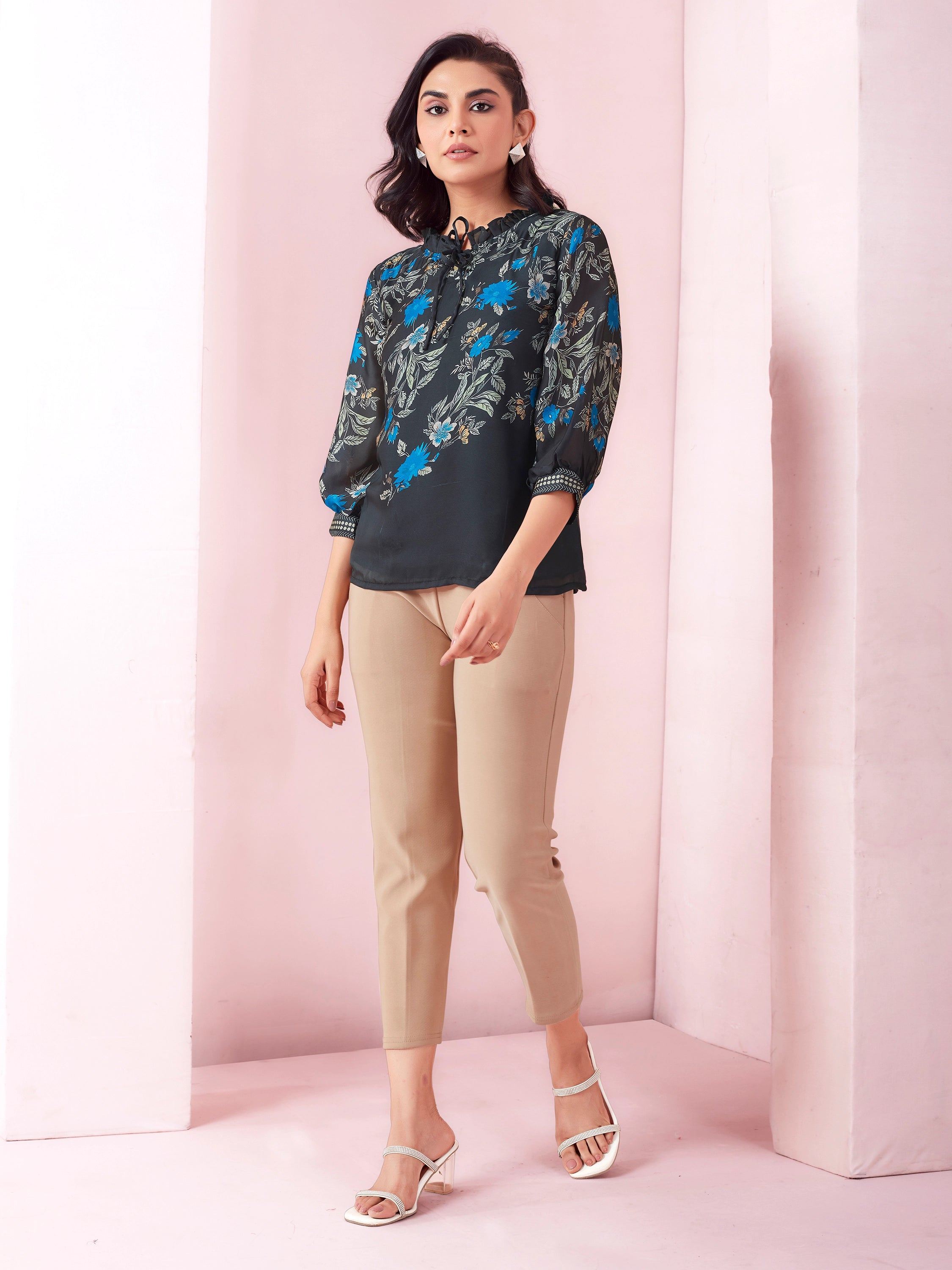 Floral Printed Casual Wear Top - Black