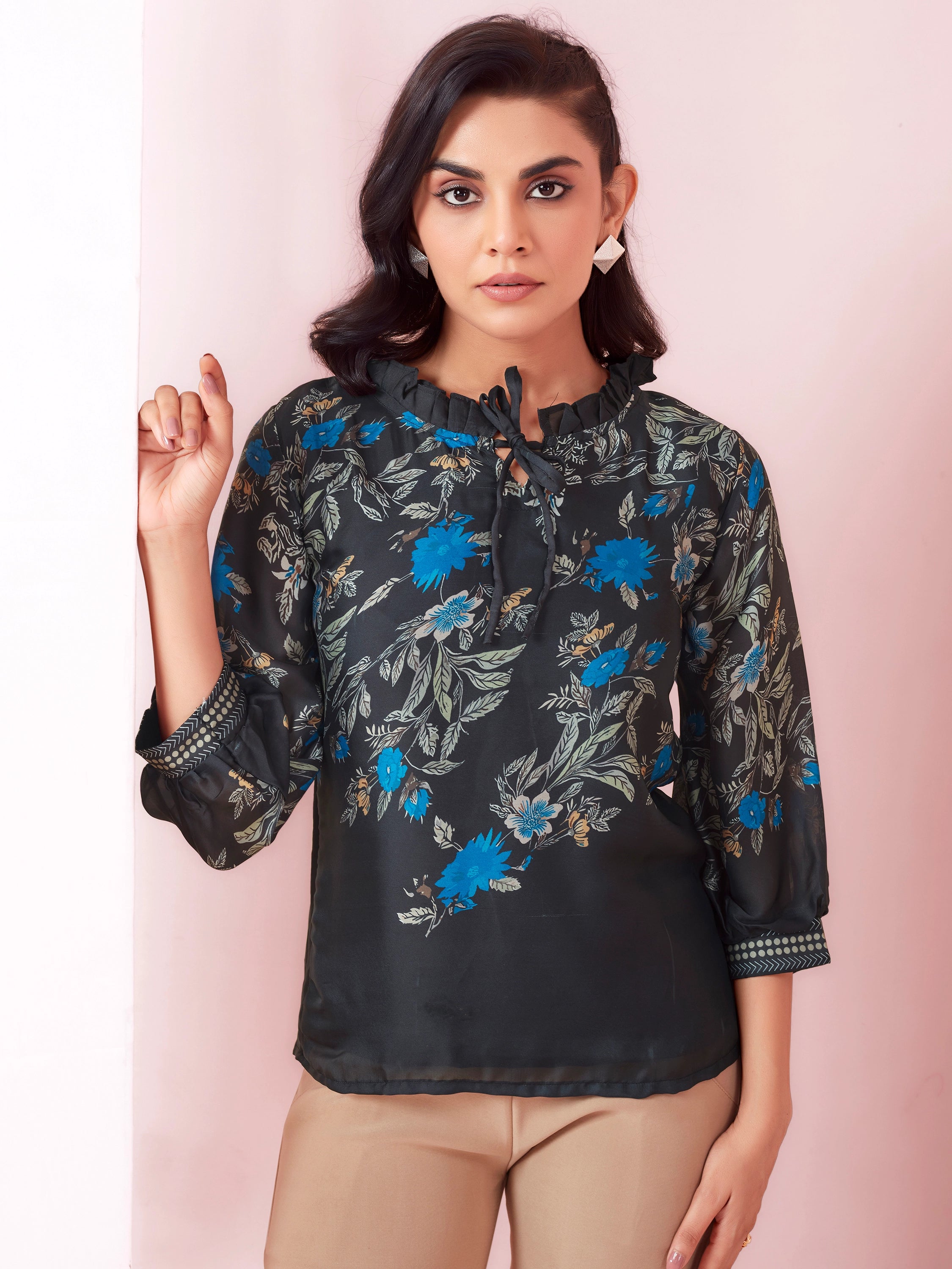 Floral Printed Casual Wear Top - Black