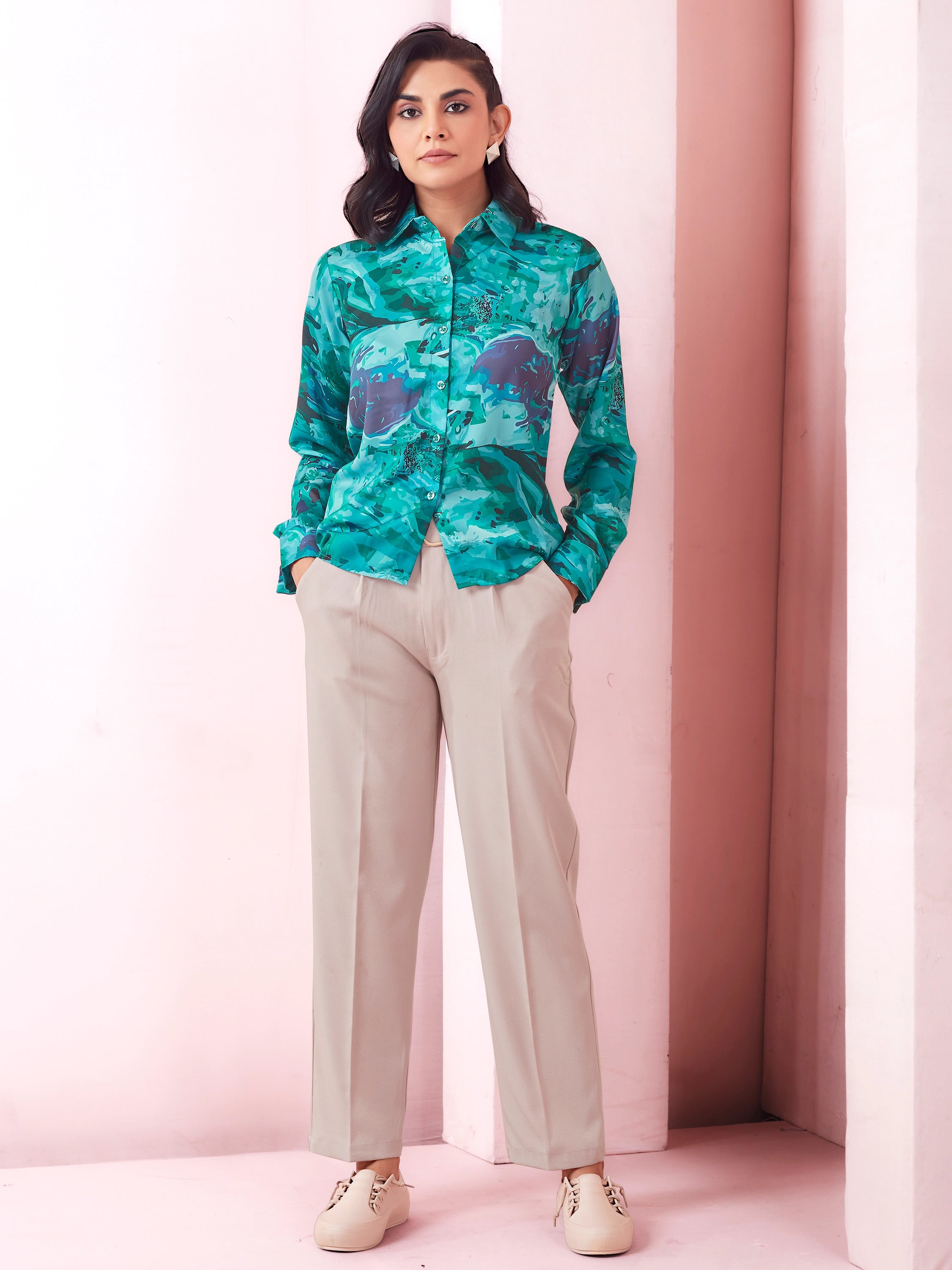 Marble Print Full Sleeves Collared Satin Shirt - Teal Green