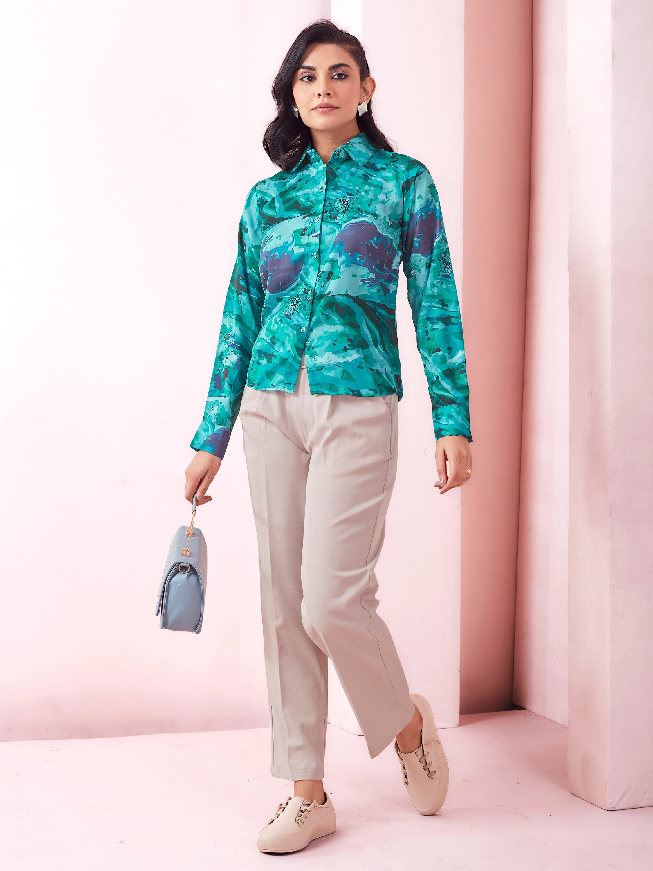 Marble Print Full Sleeves Collared Satin Shirt - Teal Green